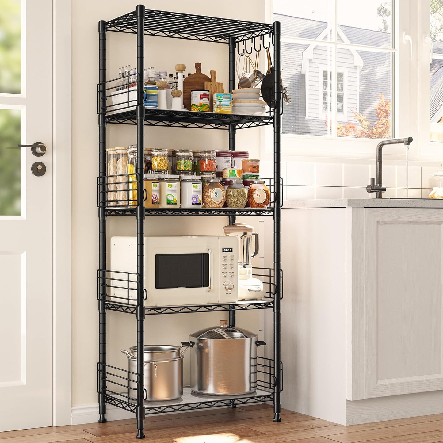 5 Tier Metal Shelving Unit Pantry Storage Shelves with Side Blockers Adjustable Metal Wire Shelf with Hooks & Shelf Linker Standing Storage Rack for Kitchen Pantry Bathroom Closet,13.8"Dx21.7"Wx59.1"H