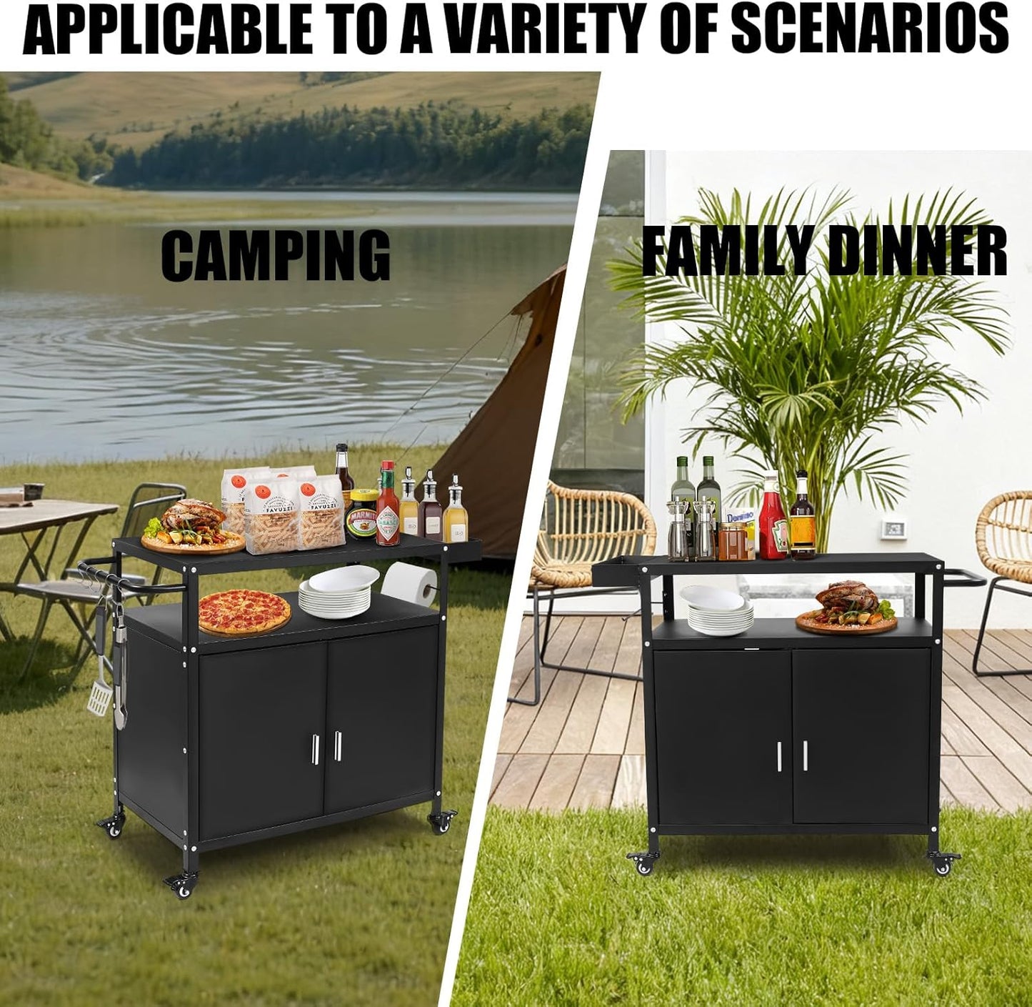 Grill Cart with Storage, Outdoor Bar Cart Rolling BBQ Cart Movable Pizza Oven Table Stand with Foldable Stainless Steel Top & Storage Cabinet, Black（34.6 x 17.7 x 34.6 Inch）