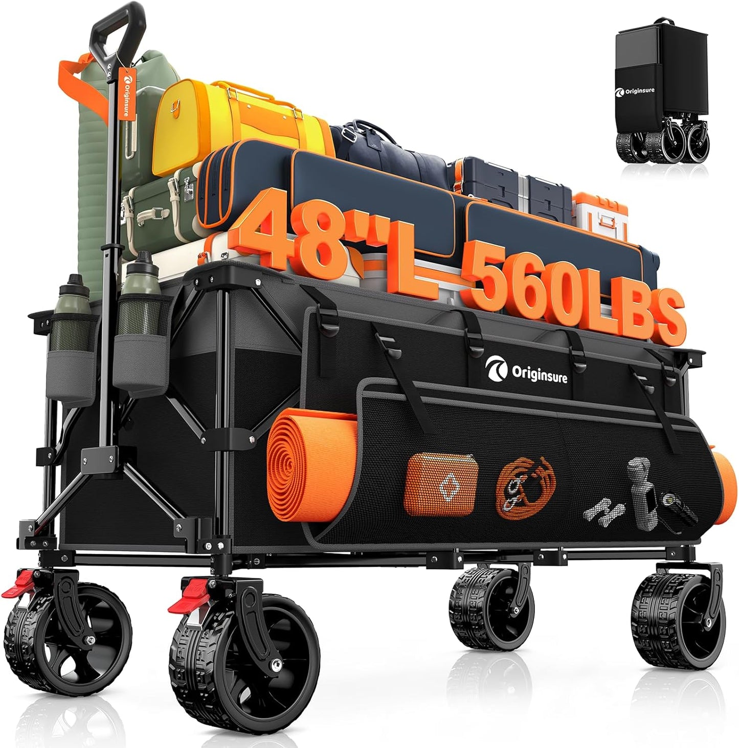 48" L Folding Beach Wagon Cart Foldable, 560lbs Weight Capacity 300L Heavy Duty Collapsible Wagons with Big All-Terrain Wheels, Utility Carts for Groceries, Shopping, Camping, Sports - Grey&Black