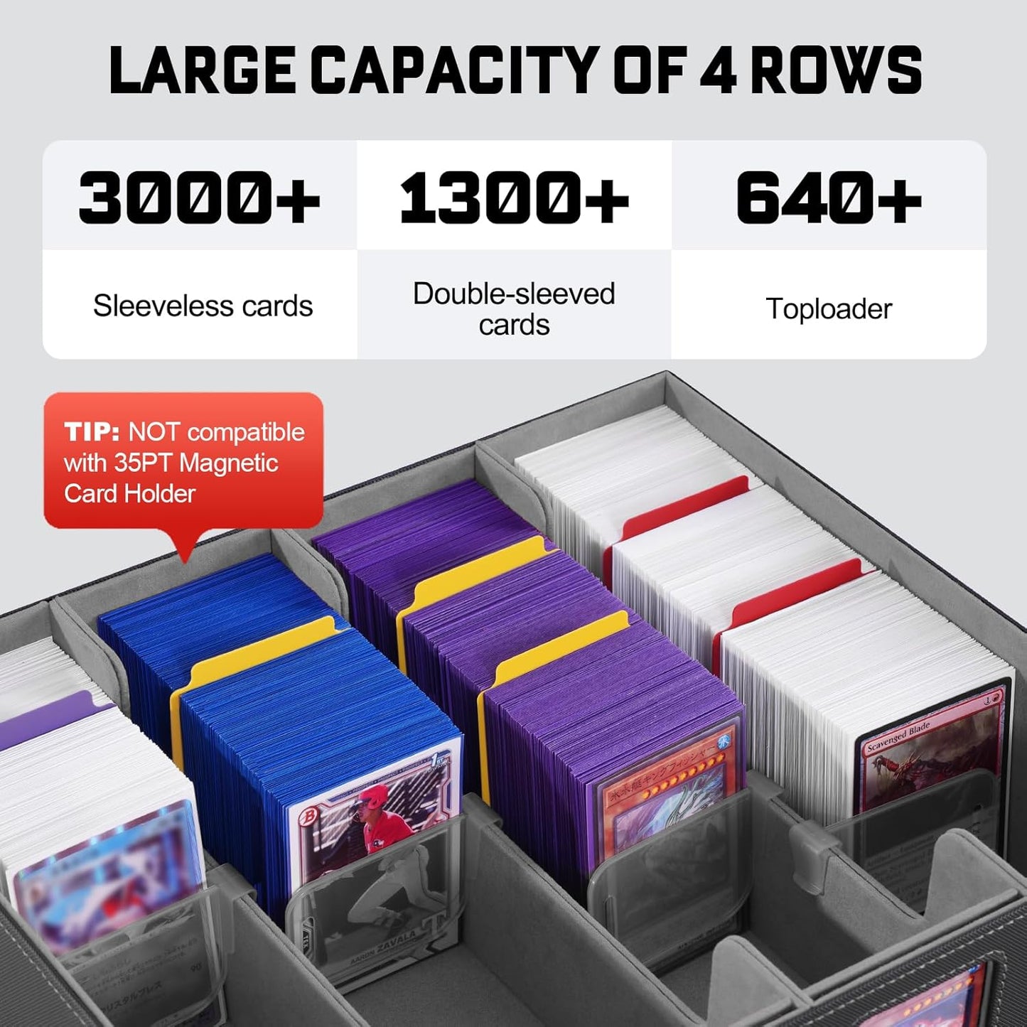 ZLCA MTG Storage Box 4-Row with Handle, MTG Deck Box Holds 3000+ Trading Cards with Portable Handle Removable Dice Tray, Commander Storage Card Case for Top Loaders TCG PTCG Sport Card(Black&Grey)