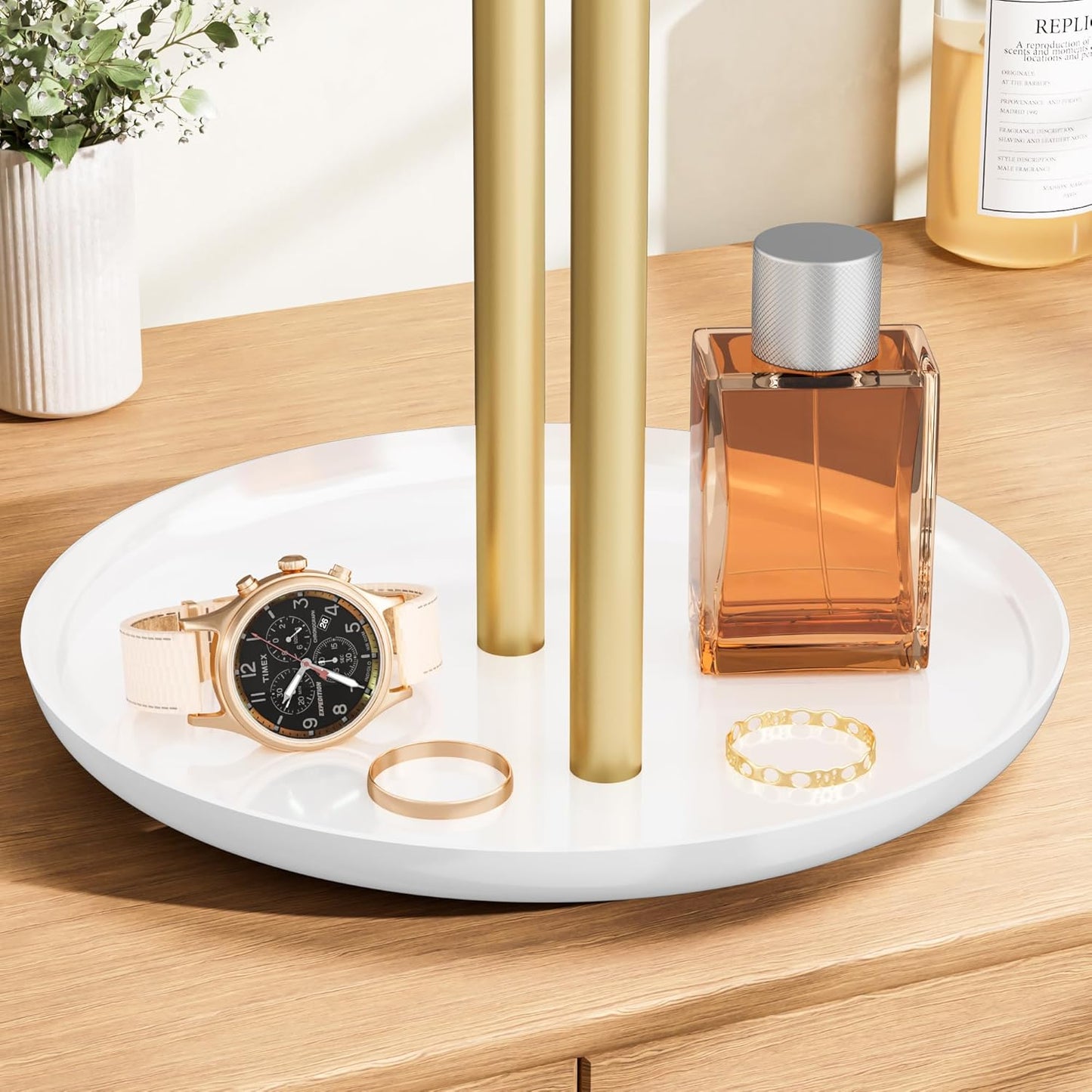 Gold Necklace Rack Stand with Storage Tray - 2 Rods T-Shaped Jewelry Holder Stand for Bracelets, Earrings, Rings | Elegant Vanity & Dresser Top Storage for Women.