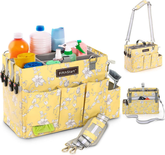FifthStart Multipurpose Cleaning Caddy with Waist & Shoulder Strap - Diaper Caddy with 9 Pockets, Mesh Base & Adjustable Compartments - Cleaning Supplies Organizer (Yellow Floral, Small)