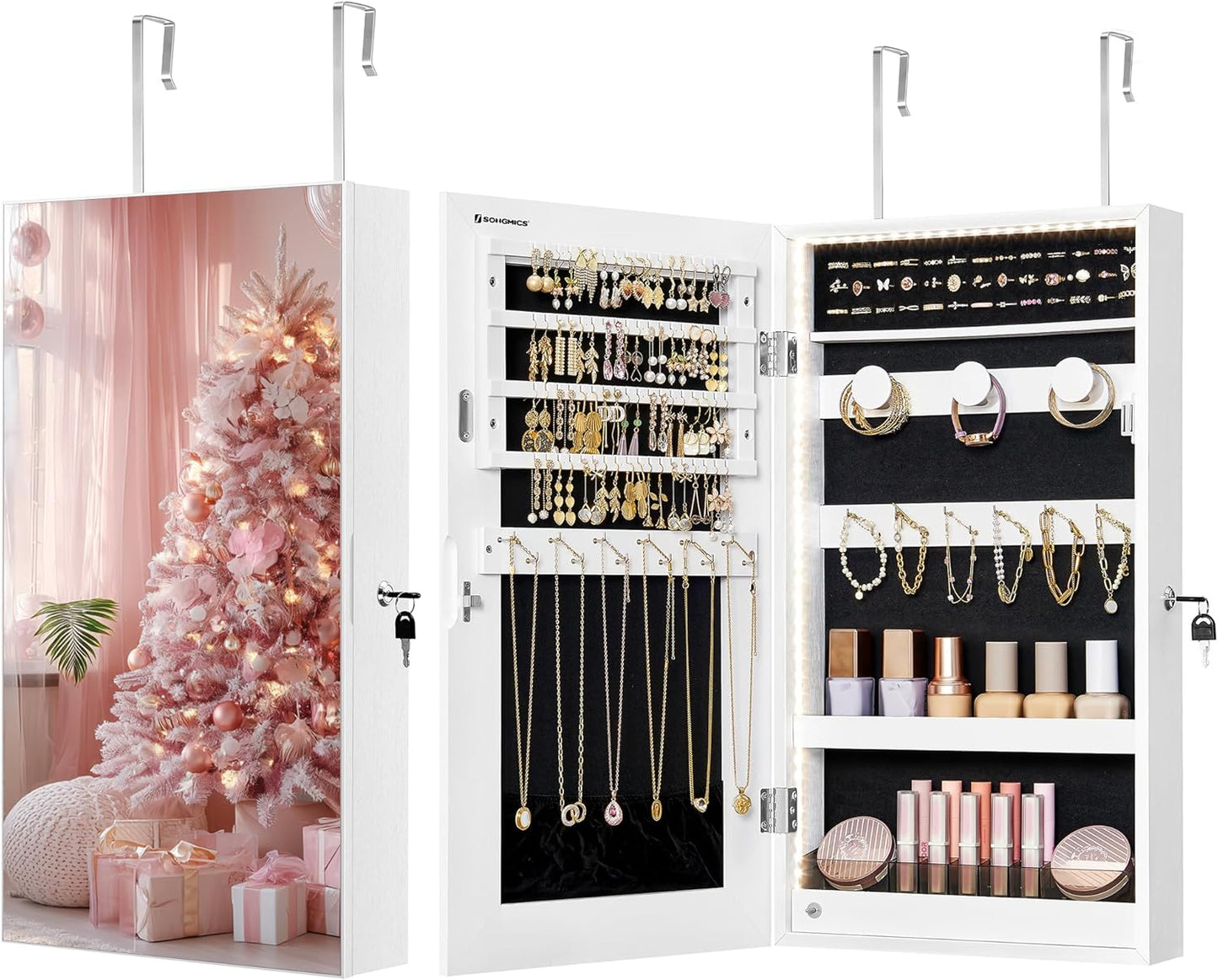 SONGMICS Mirror Jewelry Cabinet Armoire with Built-in LED Lights, Wall or Door Mounted Jewelry Storage Organizer, 3.8 x 14.6 x 26.4 Inches Hanging Mirror Cabinet, Christmas Gift Idea, White UJJC050W01