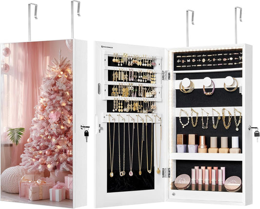 SONGMICS Mirror Jewelry Cabinet Armoire with Built-in LED Lights, Wall or Door Mounted Jewelry Storage Organizer, 3.8 x 14.6 x 26.4 Inches Hanging Mirror Cabinet, Christmas Gift Idea, White UJJC050W01