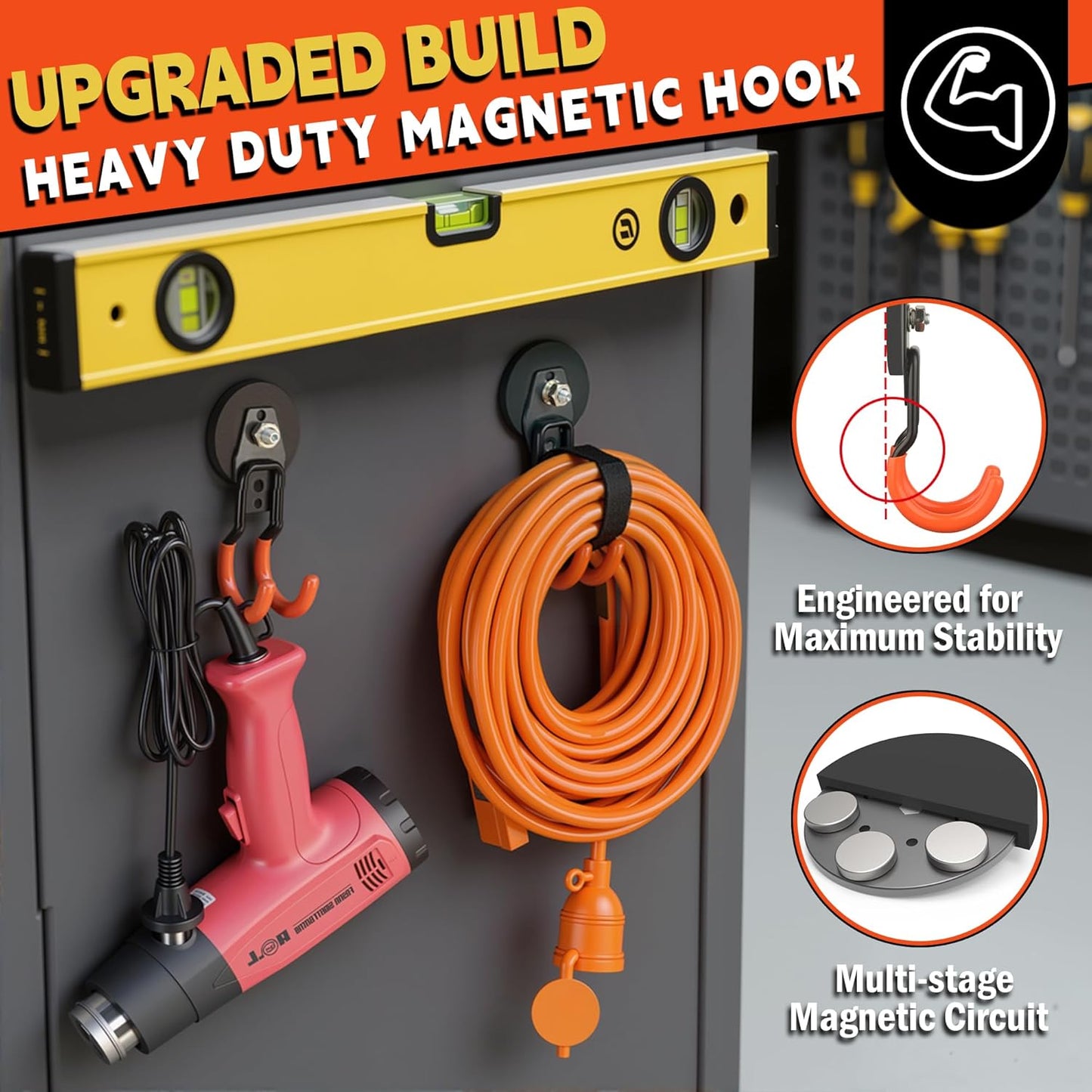 ULIBERMAGNET New Updated Garage Strong Magnetic Hooks, 2 Pack Heavy Duty Large J Hooks with Magnet, Anti-Slip Coating Magnet Hooks for Garden Tools, Ropes,Drill