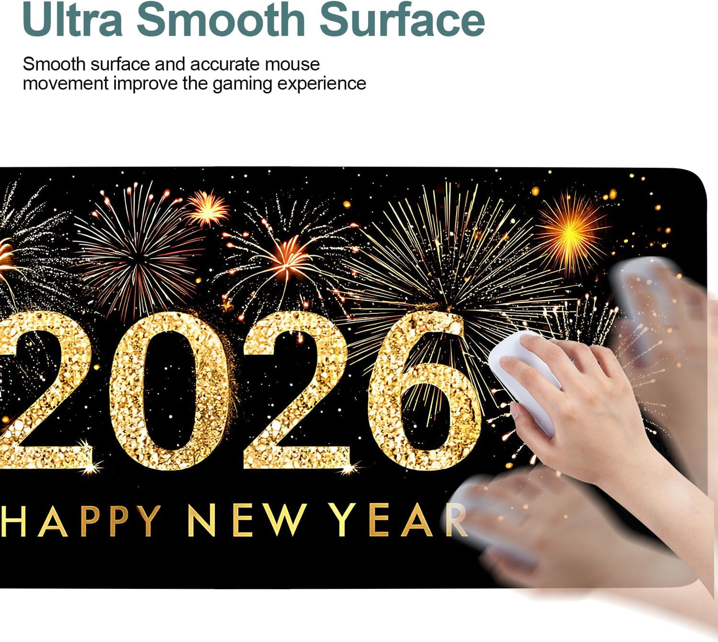 2026 Happy New Year Gaming Mouse Pad 35.4"x15.7"Desk Mat Anti-Slip Rubber Base & Durable Stitched Edges for Gamers Smooth Mouse Writing Surface for Desk Office/Home