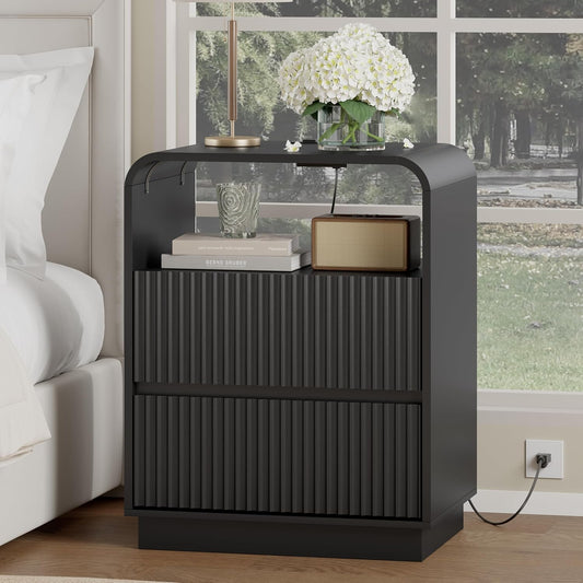 Black Nightstand with Charging Station, Mid Century Modern Bedside Table & End Table, Fluted Wood Small Night Stand with 2 Hidden Drawers and Storage Shelf for Bedroom