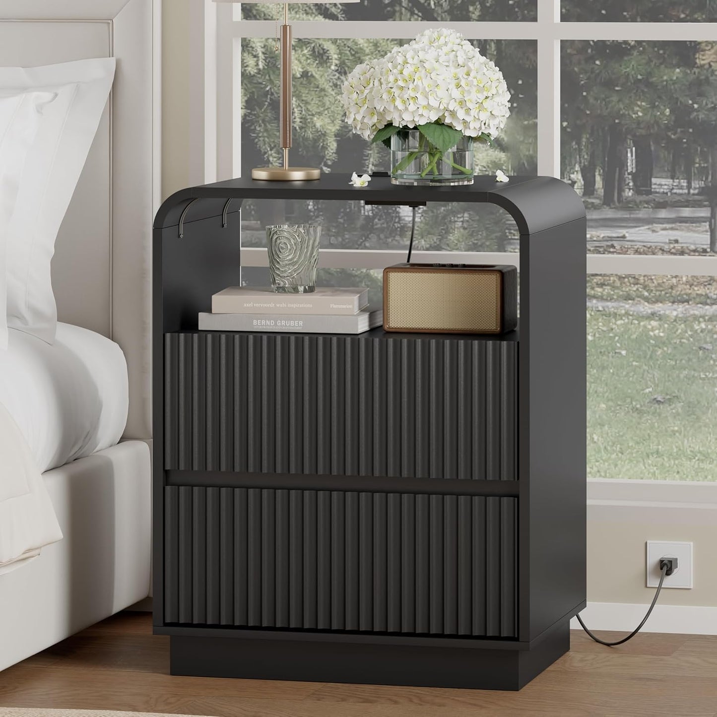 Black Nightstands Set of 2 with Charging Station, Mid Century Modern End Tables & Bedside Tables, Fluted Wood Small Night Stands with 2 Hidden Drawers and Storage Shelf for Bedroom
