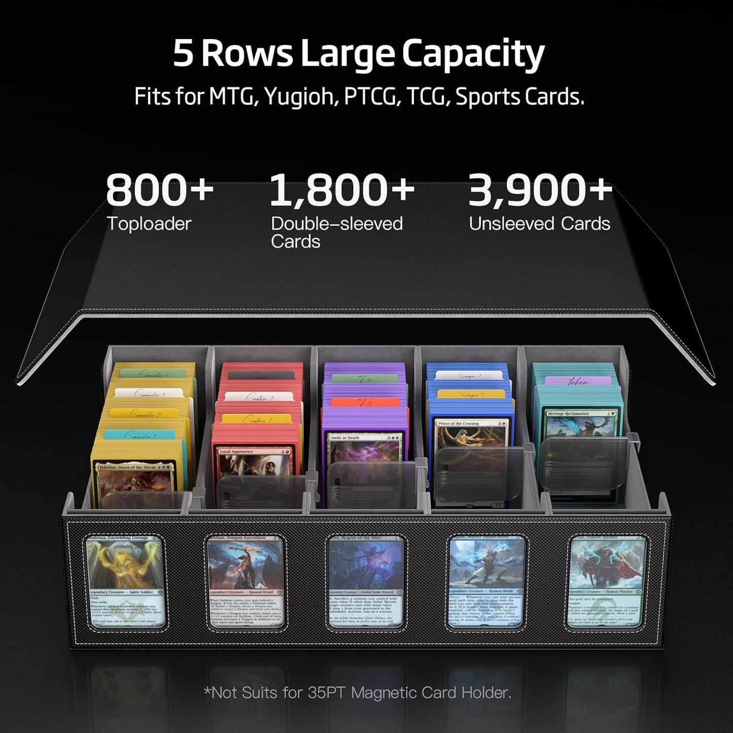Trading Card Storage Box 5-Row 3900+ Capacity,TCG MTG Card Case with Magnetic Lid & Commander Display,Top Loader Storage for Sports Cards,Includes Dividers Dice Box