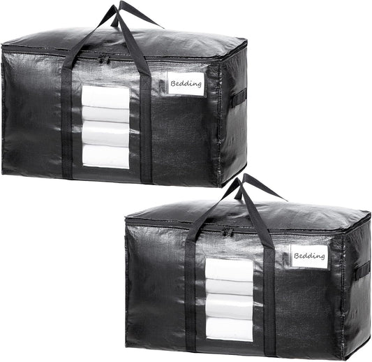 TAILI Extra Large Moving Bags, 2 Pack Black Heavy Duty Totes for Storage with Visible Window, Wrap Around Handles, Storage Bags for Space Saving, Alternative to Moving Boxes