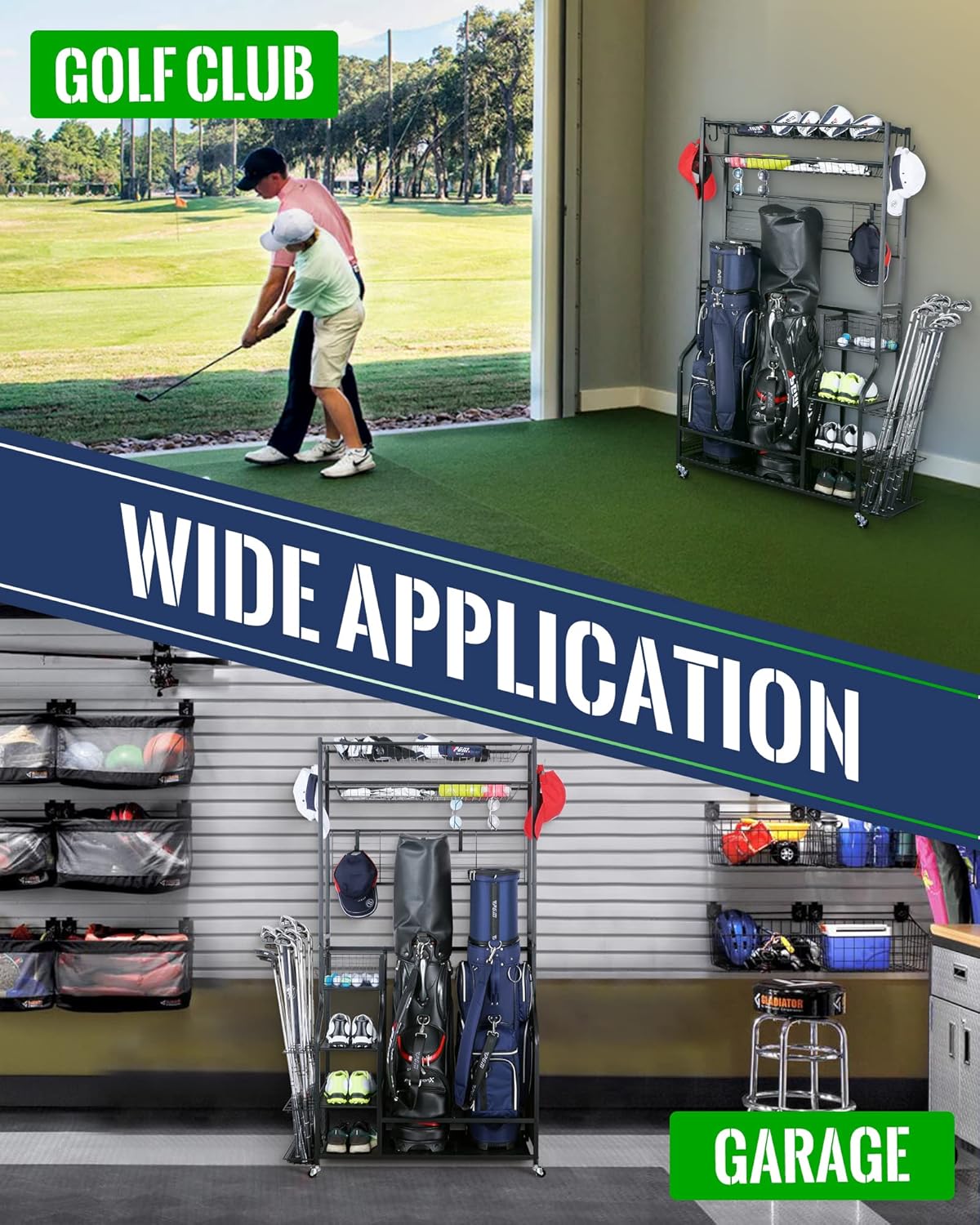 Mythinglogic Golf Bag Storage Garage Organizer,2 Golf Bags Storage Stand and Golfing Equipment Accessories Storage Rack with 4 Removable Hooks, Extra Golf Clubs Display Rack