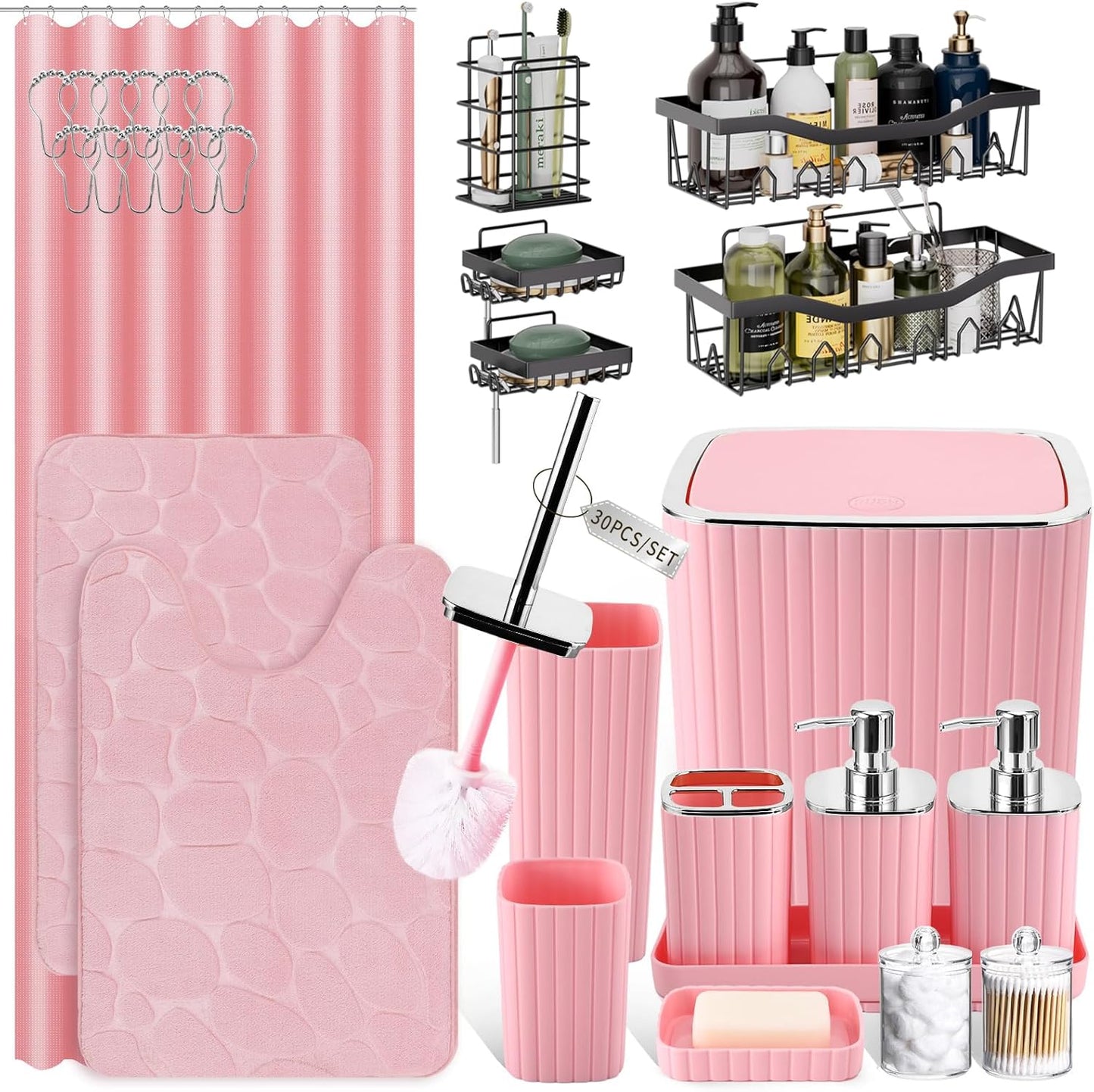 30PC Bathroom Accessories Set - Gorgeous Pink Bathroom Set, Bathroom Accessory Set, Pink Shower Curtain Set with 5PC Shower Caddy
