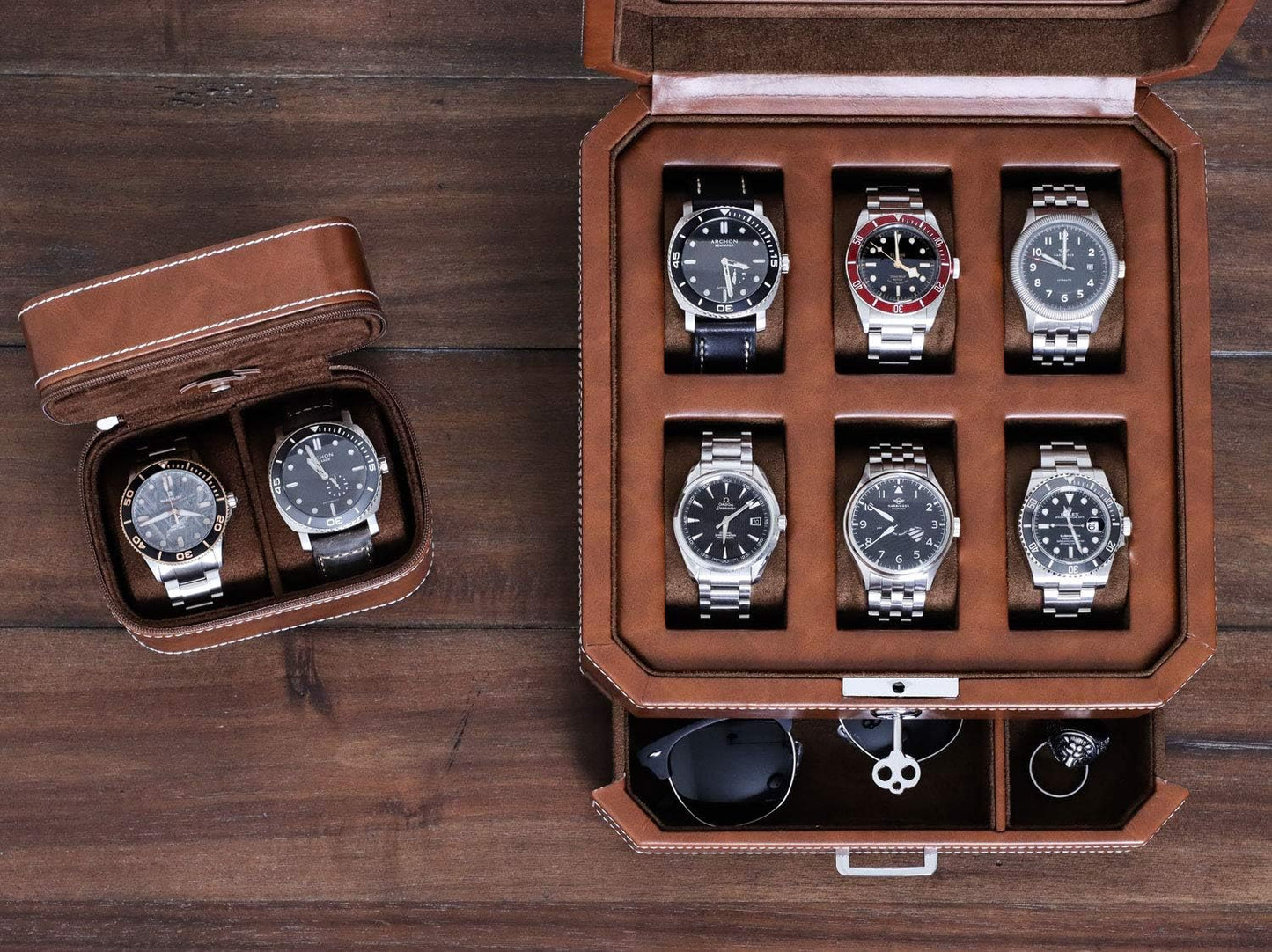 Gift Set 6 Slot Leather Watch Box with Valet Drawer - Luxury Watch Case Display Organizer, Microsuede Liner, Locking Jewelry Box, Mens Storage Boxes Holder Large Glass Top (Tan/Brown Gift Set)