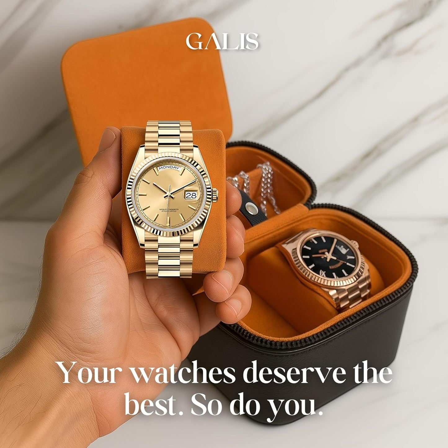 Galis Luxury Watch Travel Case for Men High End Portable 2-Slot Watch Holder and Watch Case, Premium Watch Box for Men, Jewelry Storage Organizer, Gift for Him, Fathers, Husband (Black & Orange)