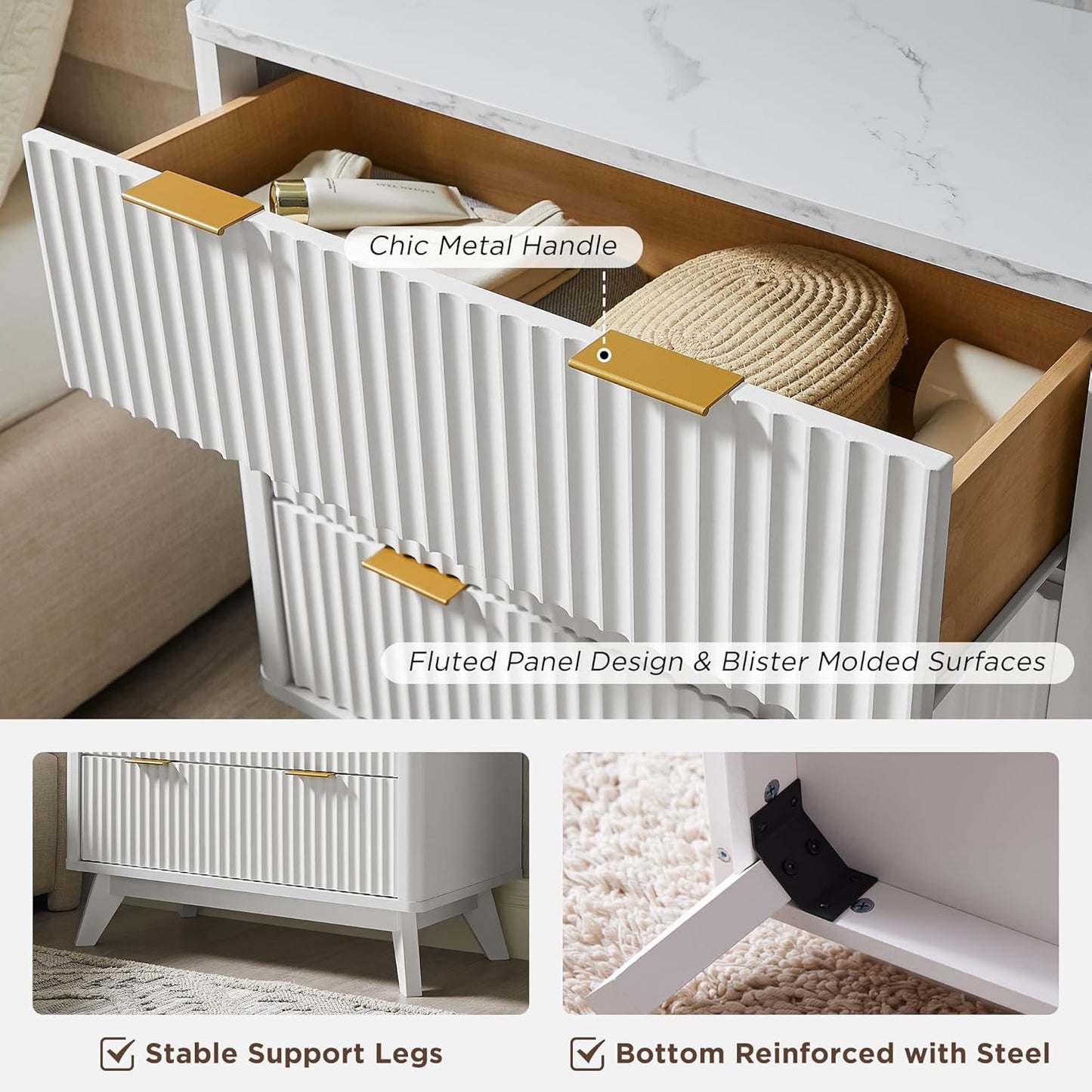 T4TREAM Fluted 3 Drawers Nightstand, Oversized Extra Large Modern Side Table with Faux Marble Top, End Table Bedside for Bedroom, Living Room, Curved Profile Design, Solid White