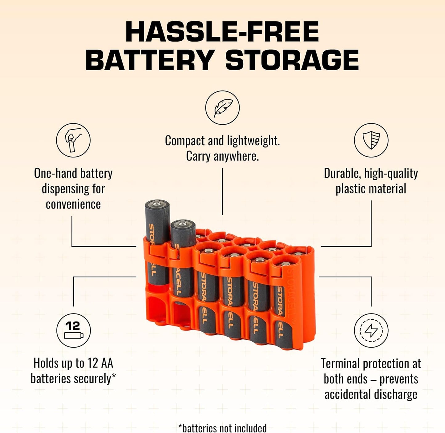 Storacell AA-12 Battery Storage Caddy and Dispenser (Pack of 2), Orange, Holds 12 AA Batteries (Not Included), Durable & Compact Design, The Original Battery Caddy, Made in The USA