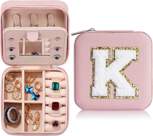 Parima Christmas Stocking Stuffers Gifts for Women Teenage Girls Grandkids, Birthday Gift for Woman, Small Gifts, Cute Travel Jewelry Cases Small Jewelry Box | Letter K, Pink