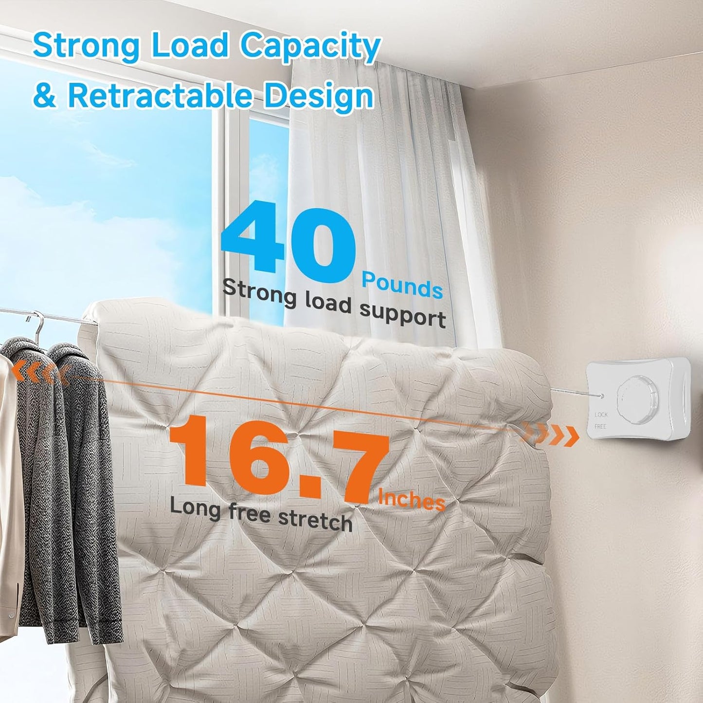 Retractable Outdoor Clothes Line,Heavy Duty Clothes Drying Laundry Line Wall Mounted Stainless Steel Line-16.7 Feets-White