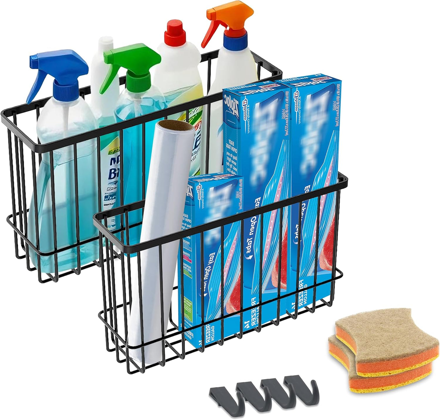 Cabinet Door Organizer Basket 2 Pack, Foil and Plastic Wrap Organizer with 2 Sponges, Lid Organizers Inside Cabinet, Metal Basket for Kitchen Organizers and Storage, Utility, Black (Medium,Large)