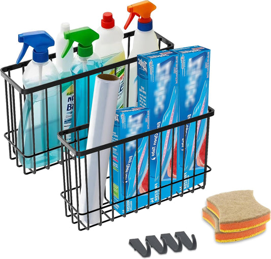 Cabinet Door Organizer Basket 2 Pack, Foil and Plastic Wrap Organizer with 2 Sponges, Lid Organizers Inside Cabinet, Metal Basket for Kitchen Organizers and Storage, Utility, Black (Medium,Large)