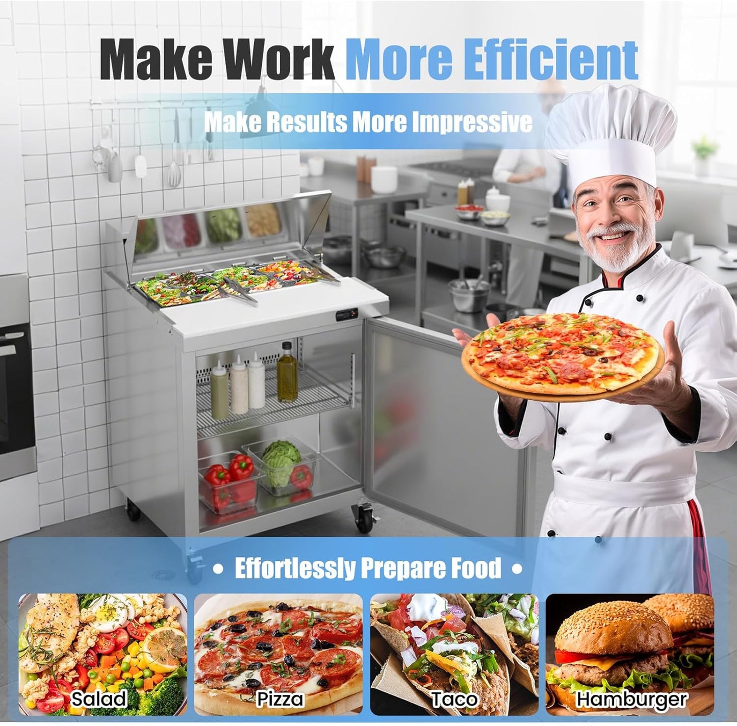 29" W Commercial Refrigerator Sandwich Salad Prep Table, Stainless Steel 1-Door Sandwich Prep Table Refrigerator, Counter Fan Cooling Refrigerator with 12 Pans for Restaurant, Bar