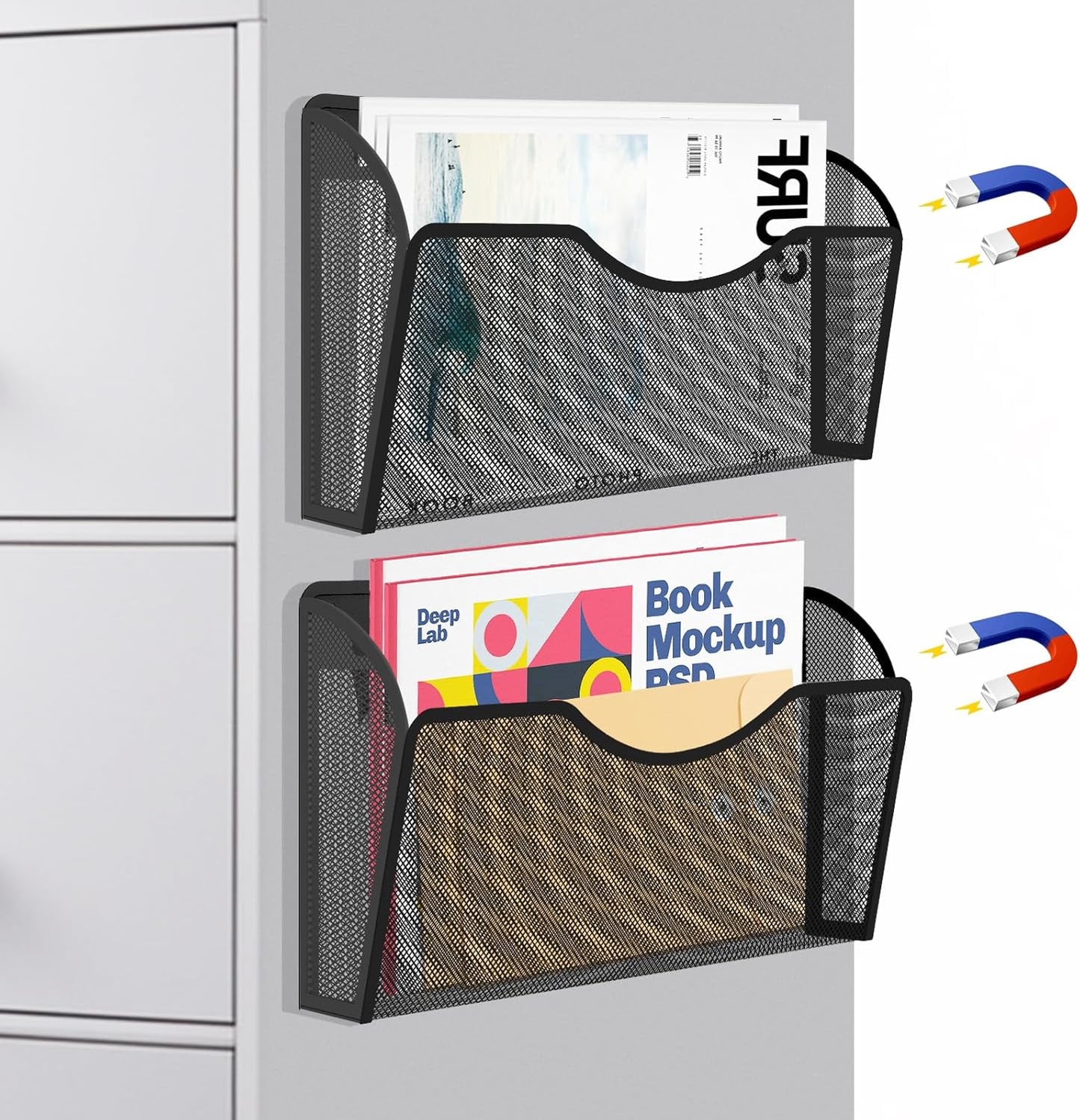 Magnetic File Holder 2 Pockets File Folder Organizer, Office Hanging Magazine Rack for Refrigerator, White Board, No Drilling Paper Document Holder Mail Organizer for File Cabinets