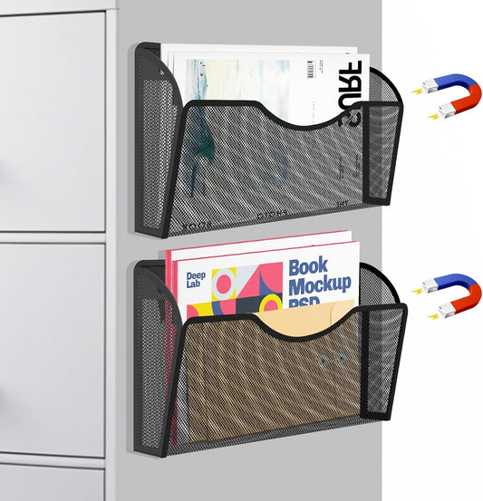 Magnetic File Holder 2 Pockets File Folder Organizer, Office Hanging Magazine Rack for Refrigerator, White Board, No Drilling Paper Document Holder Mail Organizer for File Cabinets