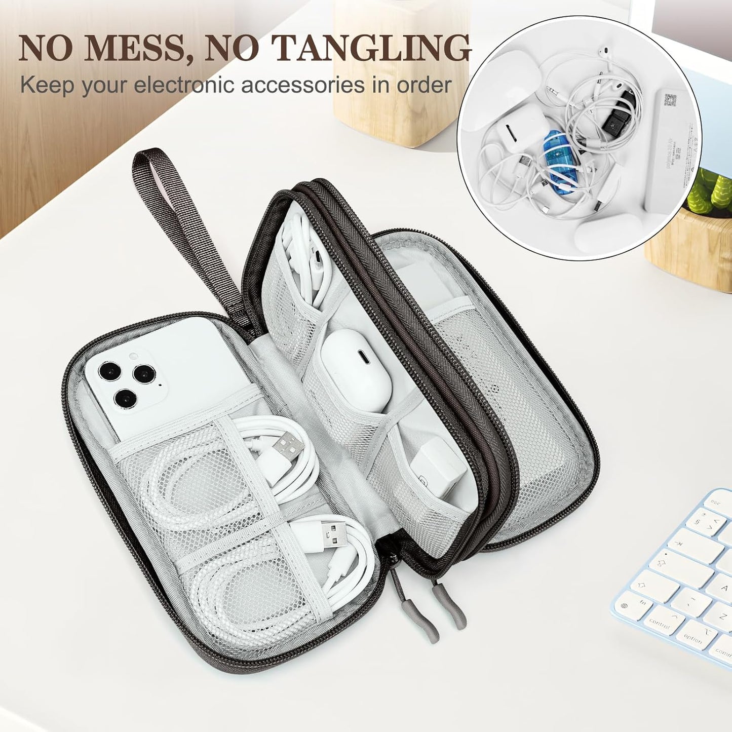 FYY Electronic Organizer, Travel Cable Organizer Bag Pouch Electronic Accessories Carry Case Portable Waterproof Double Layers All-in-One Storage Bag for Cable, Cord, Charger, Phone, Earphone Coffee