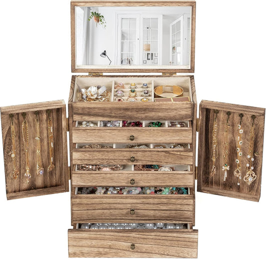 Emfogo Wooden Jewelry Box for Women, 6-Tier Large Jewelry Organizer Boxes with Mirror Rustic Solid Wood jewlery Storage Display for Rings Earrings Necklaces Bracelets watches(Carbonized Black)