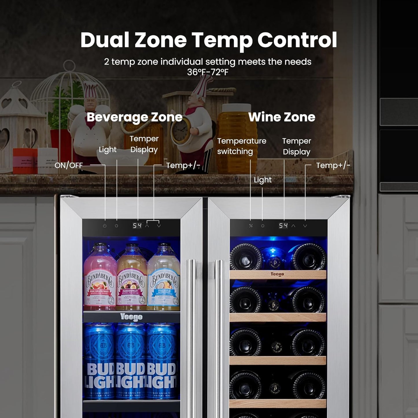 Yeego Wine & Beverage Refrigerator, 24 Inch 60 Cans and 20 Bottles Dual Zone Wine Cooler with Glass Door, 36-72°F Drink Cooler for Built-in or Freestanding, For Kitchen,Bar or Office