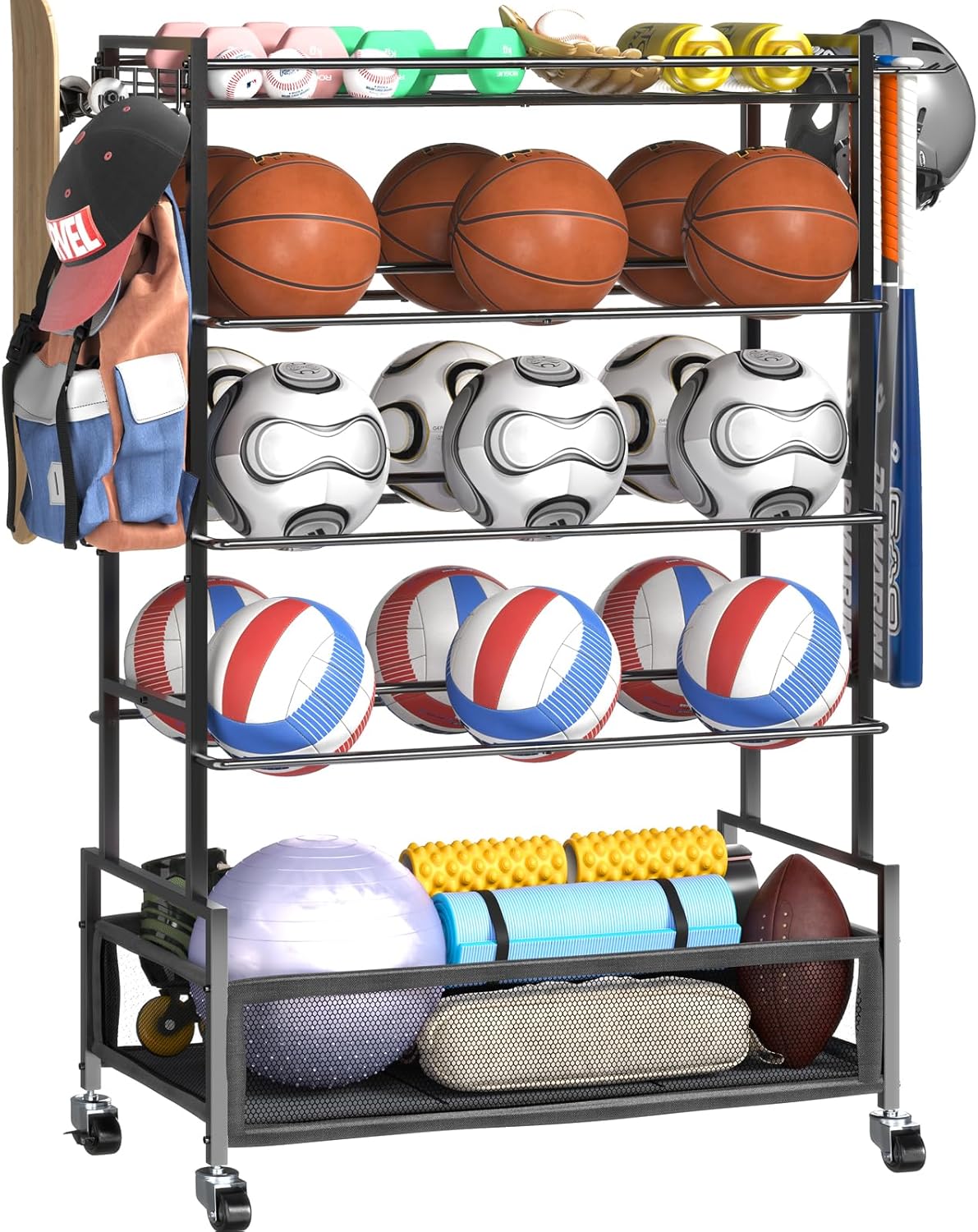 SOYEEZE Garage Sports Equipment Organizer-Large 5 Layer Ball Storage, Basketball Stand Holder, Outdoor toy storage, Baseball Bat Rack, Rolling Ball Cart with Hooks and Wheels for Indoor/Outdoor Use