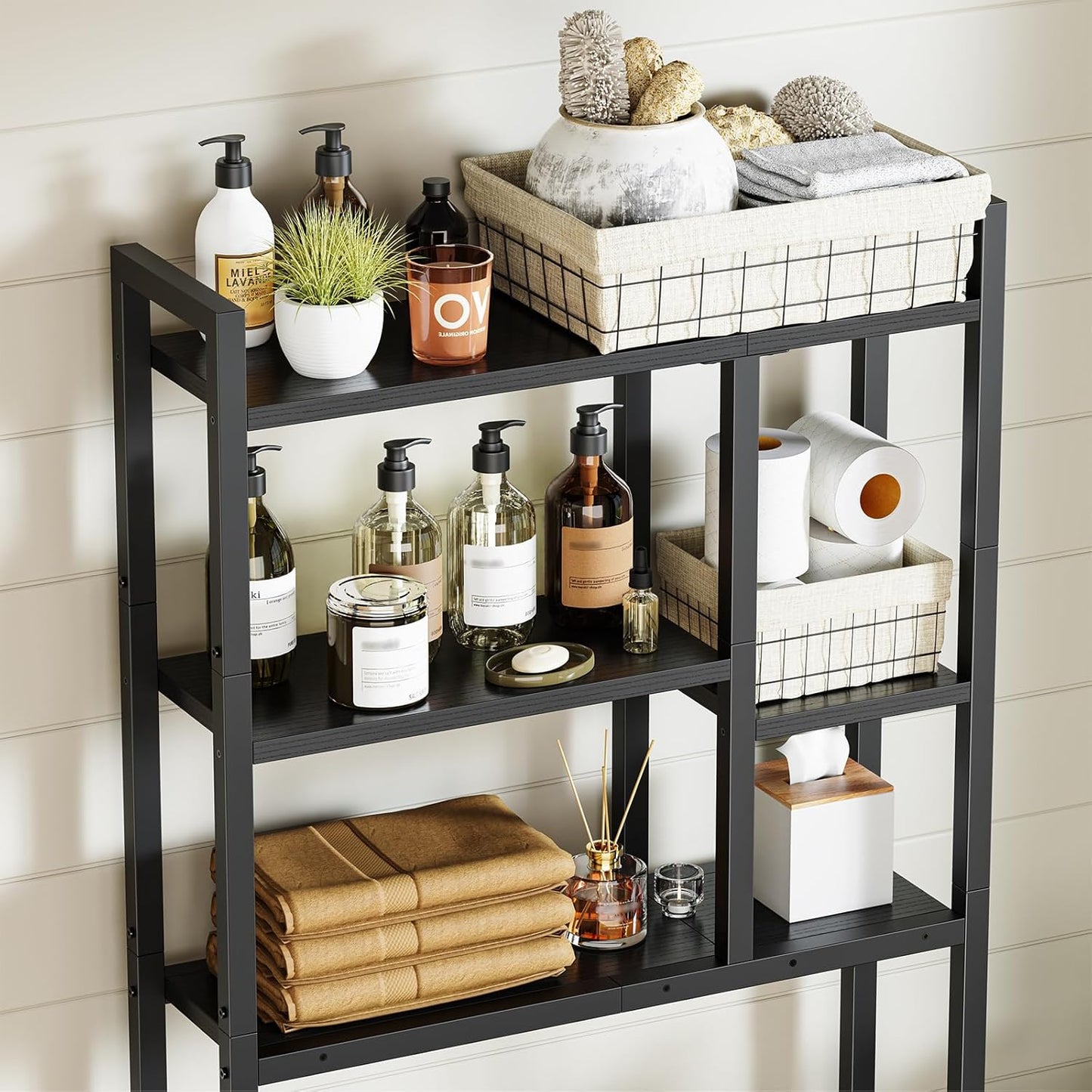 Over The Toilet Storage Rack, 3-Tier Bathroom Organizer Over Toilet, Wooden Above Toilet Storage Shelf, Space Saver, Freestanding Bathroom Storage Metal Shelf, Easy to Assemble, Black