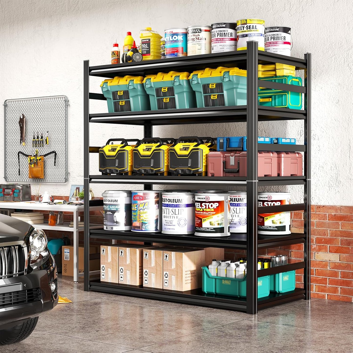 Storage Shelves, Garage Metal Shelving Unit, Adjustable, Double-Layer Column with Reinforced Ribs, Heavy-Duty, Capable of Bearing 600-3600 lbs (Black, 45''W*16''D*63''H, 5-Tier)