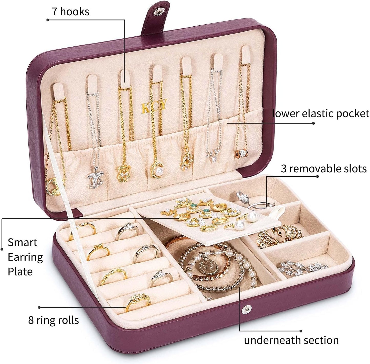 KCY Travel Jewelry Organizer Box for Women Girls, Small Travel Jewelry Case, PU Leather Portable Jewellery Storage Boxes Display Holder for Ring Earrings Necklace Bracelet Bangle, Gifts, Purple