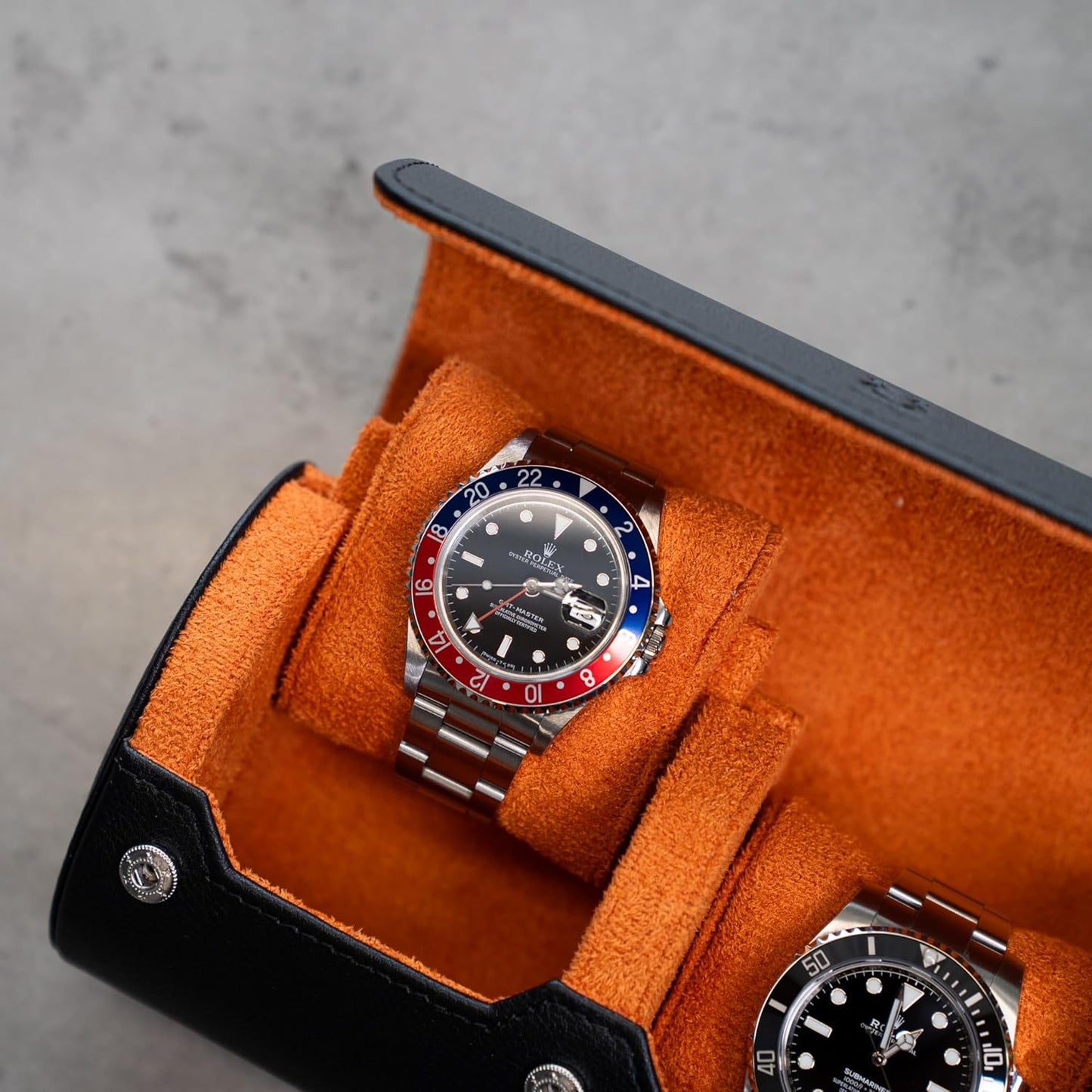 DailyWatch | Watch Roll Travel Case For 2 Watch | Luxury Watch Case In Genuine Black Leather With Soft Velvet Interior | Watch Case Protect, Store, & Display Your Watches | Black Orange
