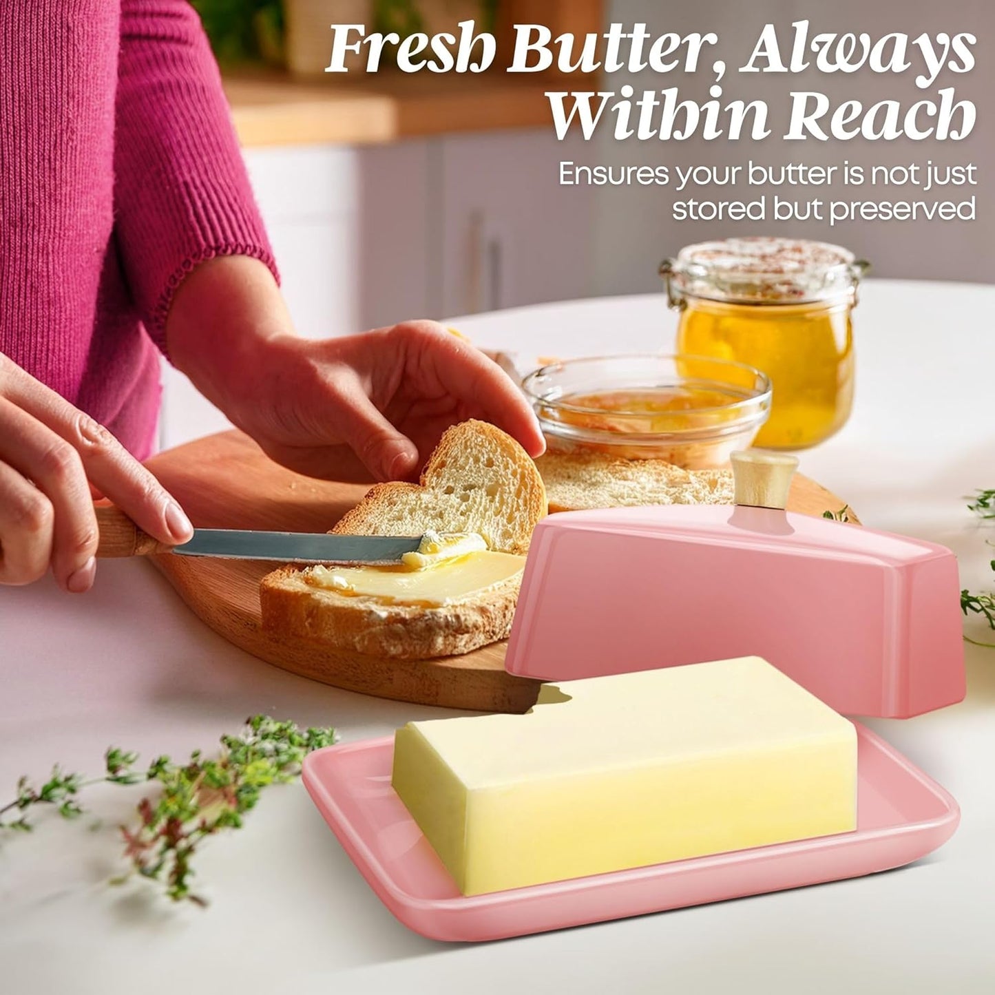 Flexzion Ceramic Pink European Butter Dish with Lid for Countertop (7 Inch) - Wide 2 Stick Double Butter Holder for Counter, Cream Cheese Container Storage Keeper