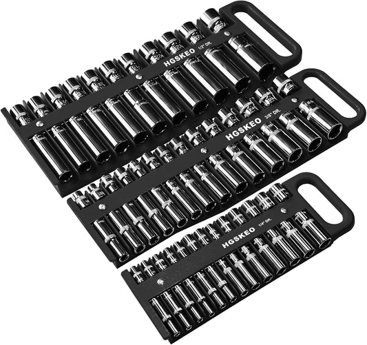 Magnetic Socket Holder Set with Handle, Portable Socket Organizer, Heavy Duty Socket Racks, 76 standard Sockets for Tool Box (Black, 3 Pcs Set-1/4", 3/8" & 1/2")