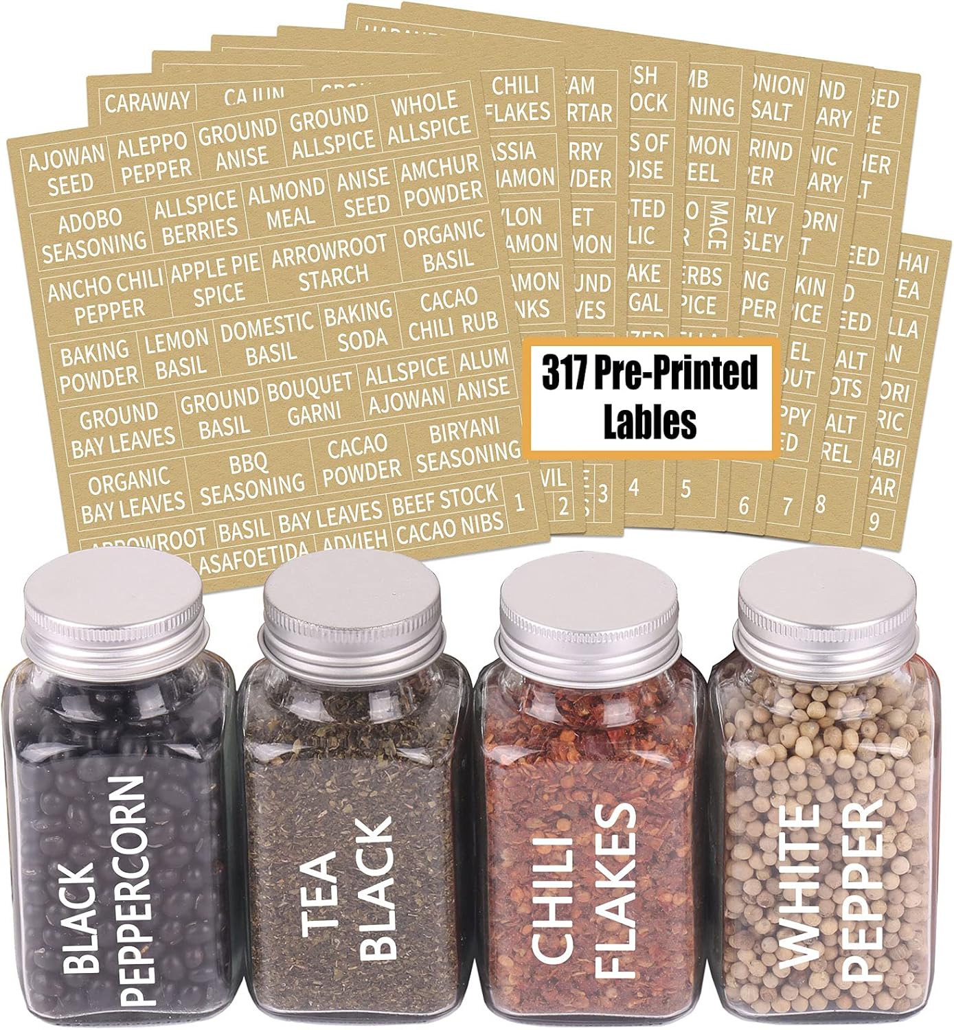 SWOMMOLY 30 Glass Spice Jars 6 oz Empty Square Spice Bottles with 703 Spice Labels, Chalk Marker and Funnel Complete Set. 30 Spice Containers with Airtight Cap, Pour/sift Shaker Lid