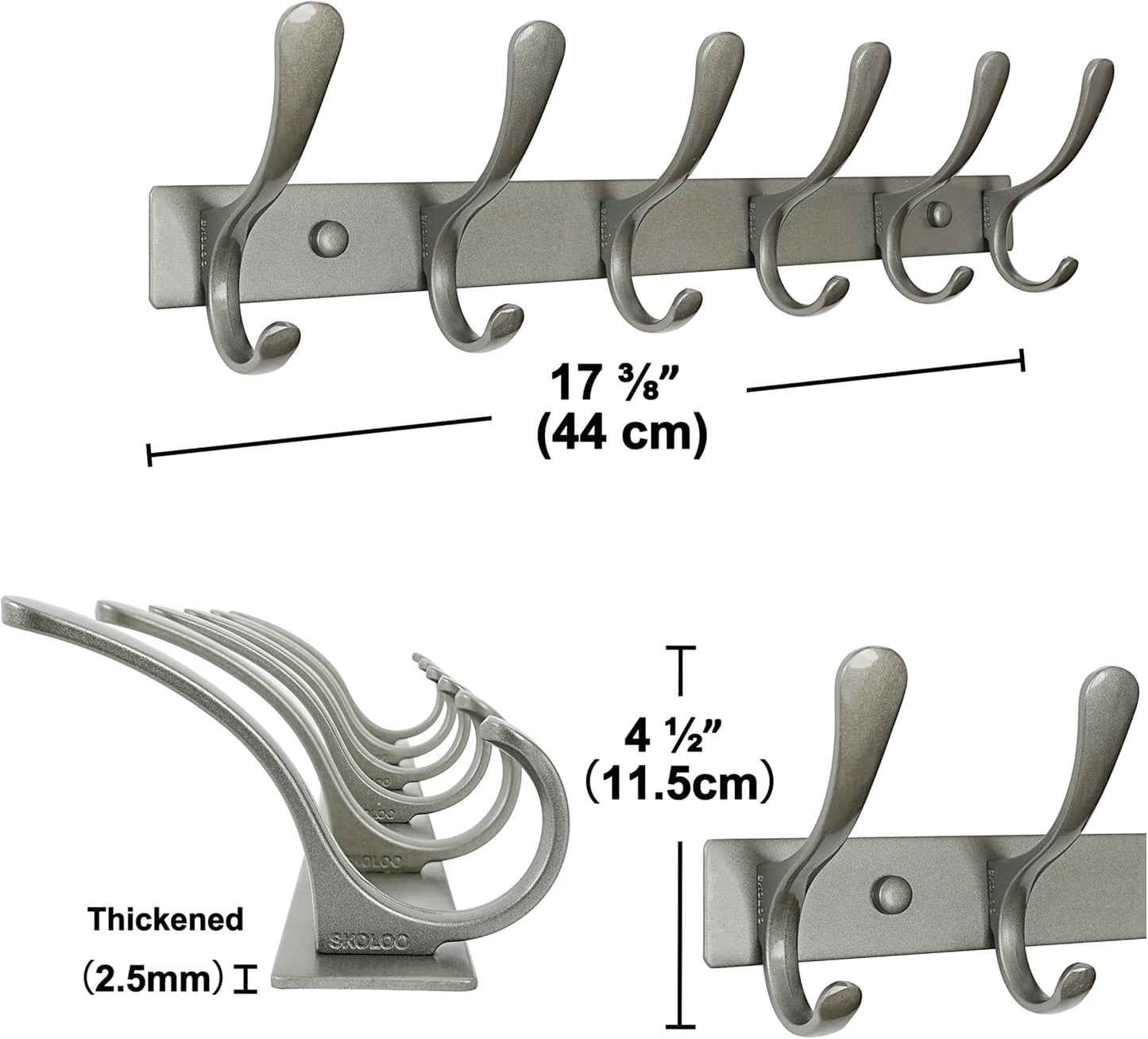 SKOLOO Coat Rack Wall Mounted - 6 Hooks, Pack of 2, Heavy Duty, Stainless Steel, Metal Wall Hanger, Sturdy Coat Hooks for Hanging Coats, Jacket, Clothes, Hat, Matte Grey