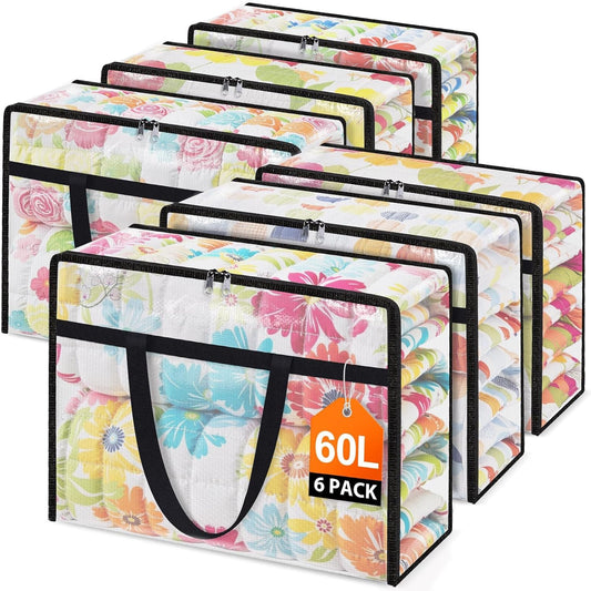 Clear Under Bed Storage Containers - 6 Pack Large Capacity Clothes Storage Bags with Lid & Sturdy Handles, Foldable Moving Bags, Clothing Organizer Totes for Bedding, Comforter, Sheet（60 L）