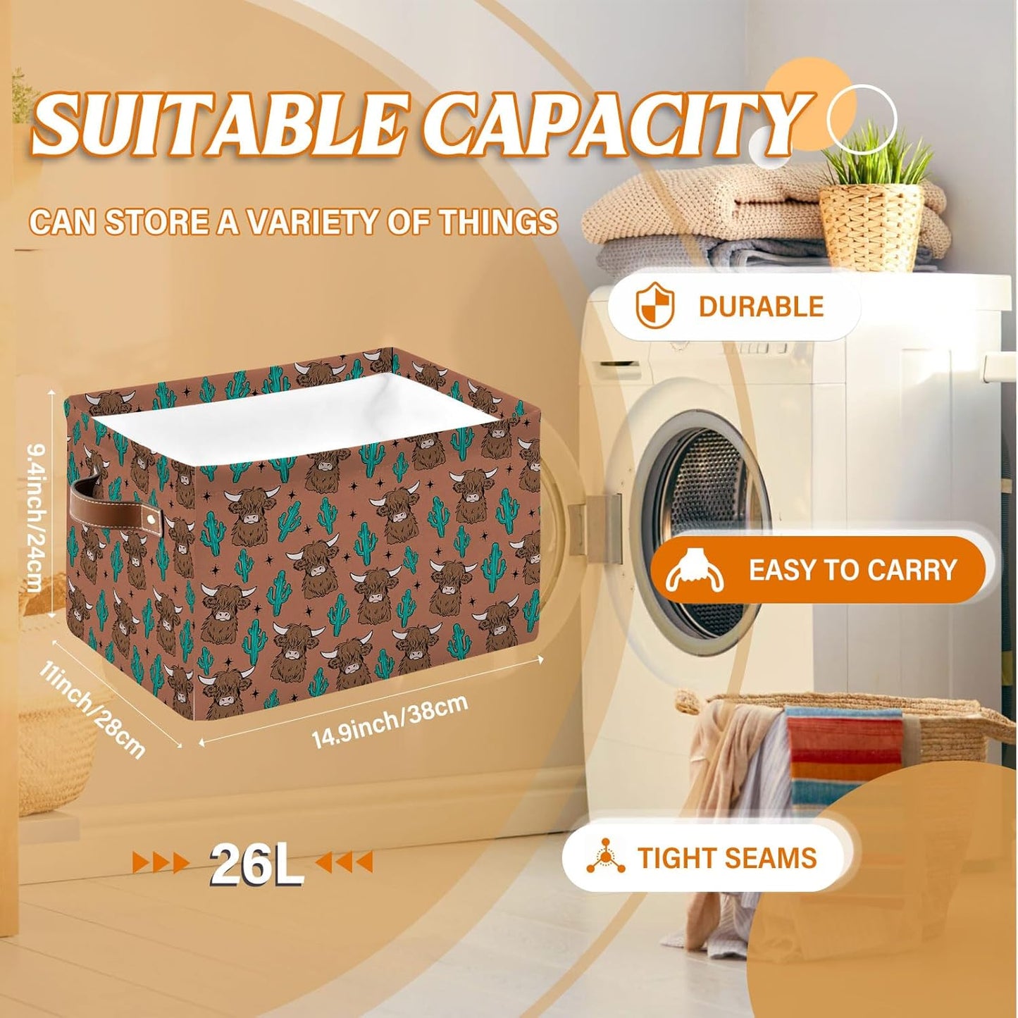 Rectangle Yak Storage Basket, Collapsible Storage Box Bin with Handles for Toy, Yak Laundry Hamper for Friend, Laundry Organizer for Room Nursery, Gifts for Chritsmas Thanksgiving 14.9x11x9.4in