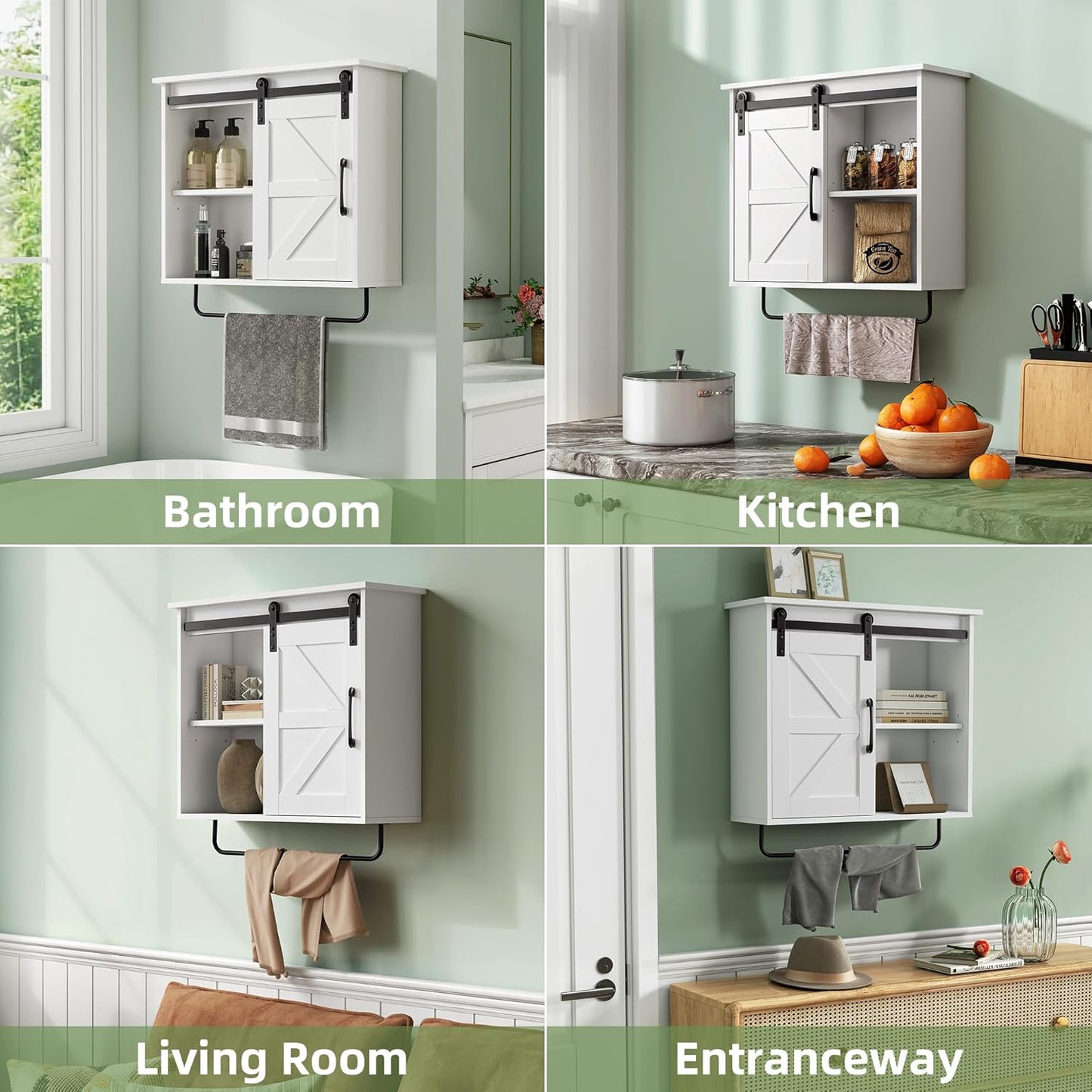 Bathroom Wall Cabinet Over Toilet Sliding Door 23x19 Inch Farmhouse Medicine Cabinet with Towel Bar Motion Sensor Light Adjustable Shelves White Above Toilet Storage for Laundry or Kitchen