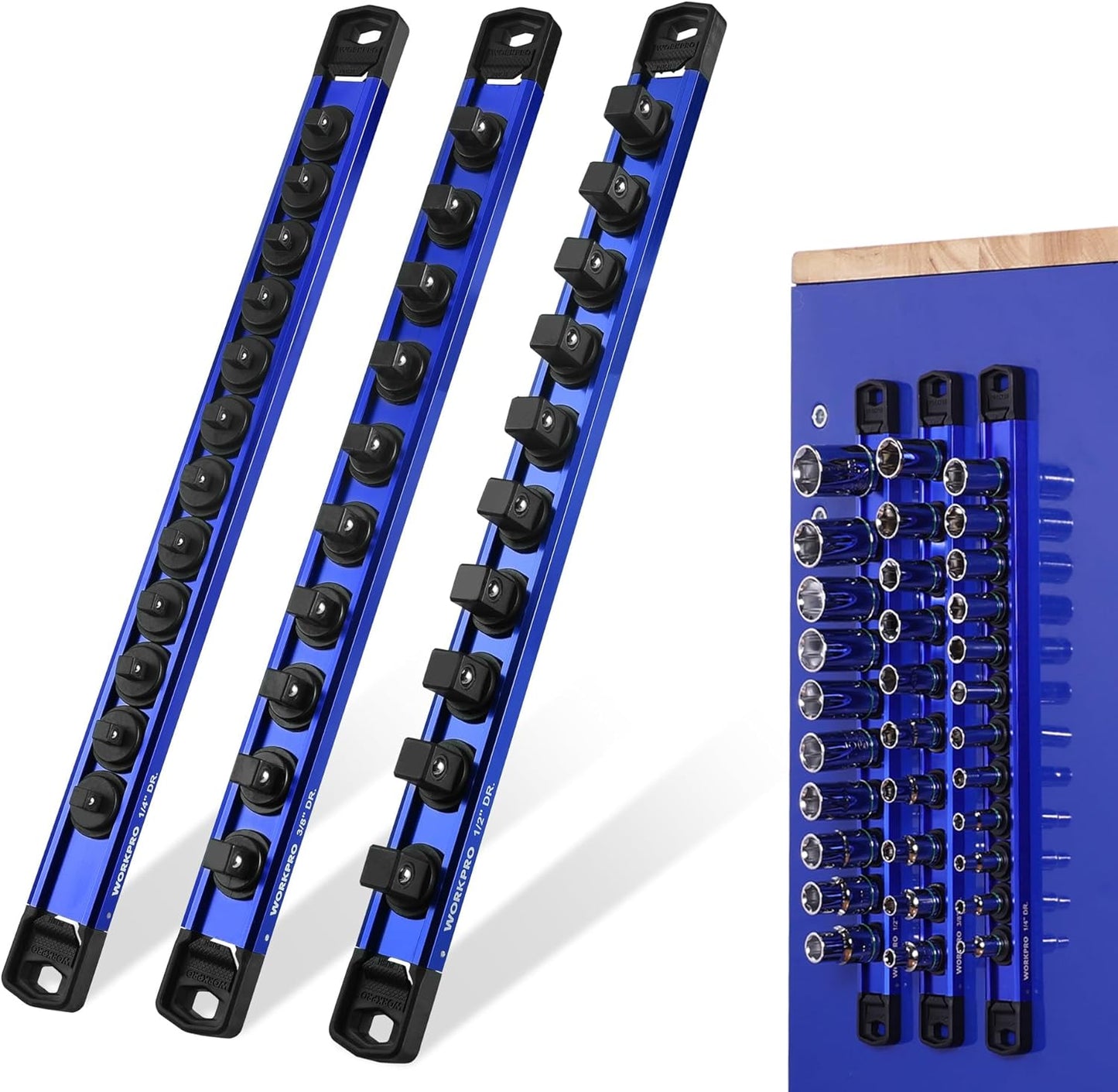 WORKPRO Magnetic Socket Organizer Set, 1/2" 3/8" 1/4" Drive Aluminum Alloy Socket Holder, 3PC Socket Rail with Removable Socket Clips, Socket Organizer Tray for Tool Box Drawer (Sockets Not Included)