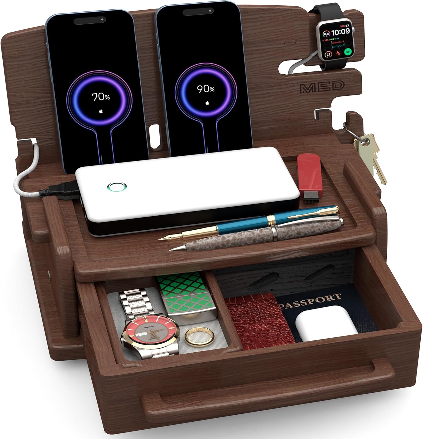 MED Wood Phone Docking Station – Nightstand Desk Organizer for Phone, Watch, Wallet & Tablet – Gift for Men, Husband, Dad & Women – Wooden Charging Stand (Dark Walnut, Model 3)