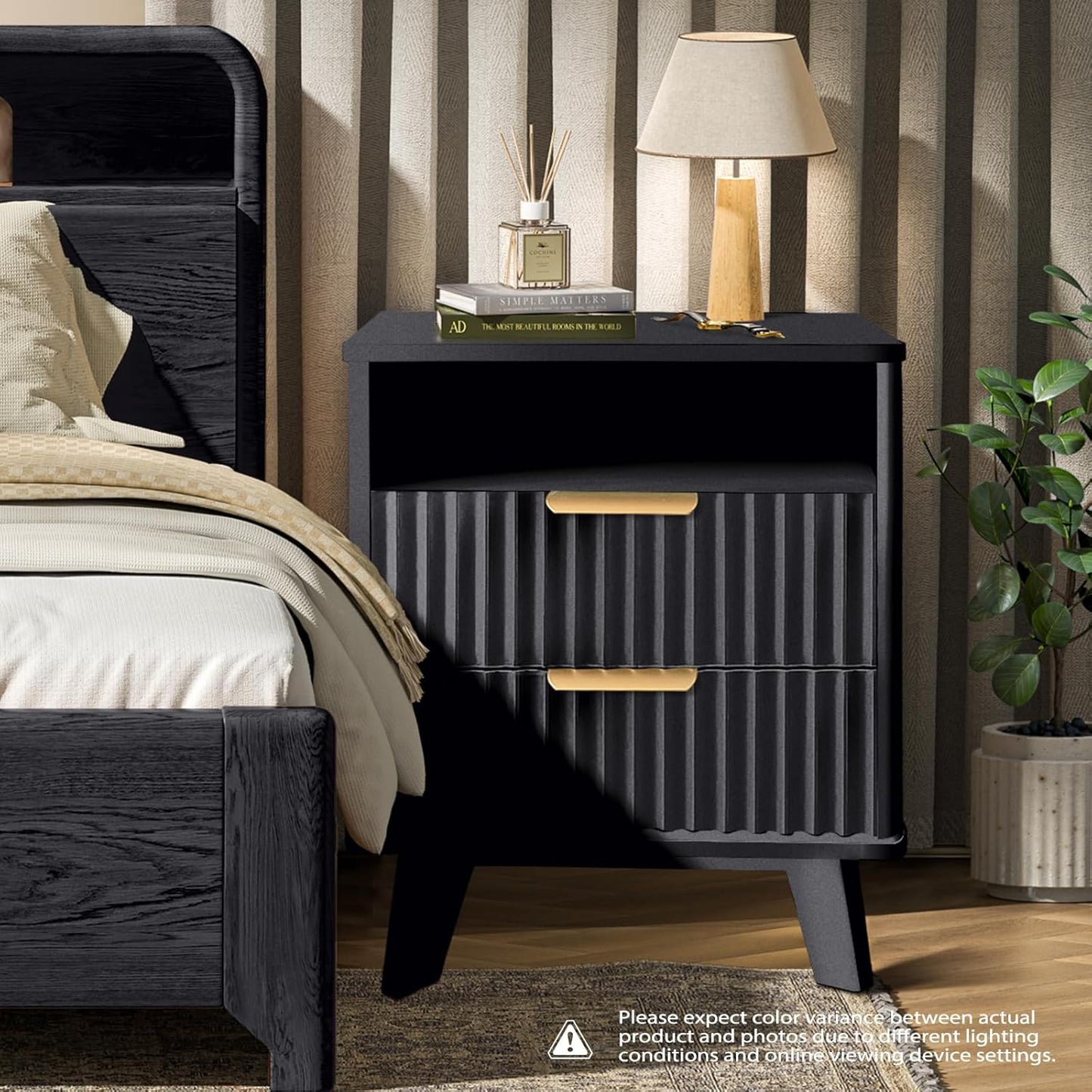 Fluted Nightstand - 24" Modern Bedside Table w/ 2 Drawers, Wood Bed Side End Table with Open Shelf, Night Stand with Storage Drawer, Curved Design Night Stands for Bedroom Living Room (Black)