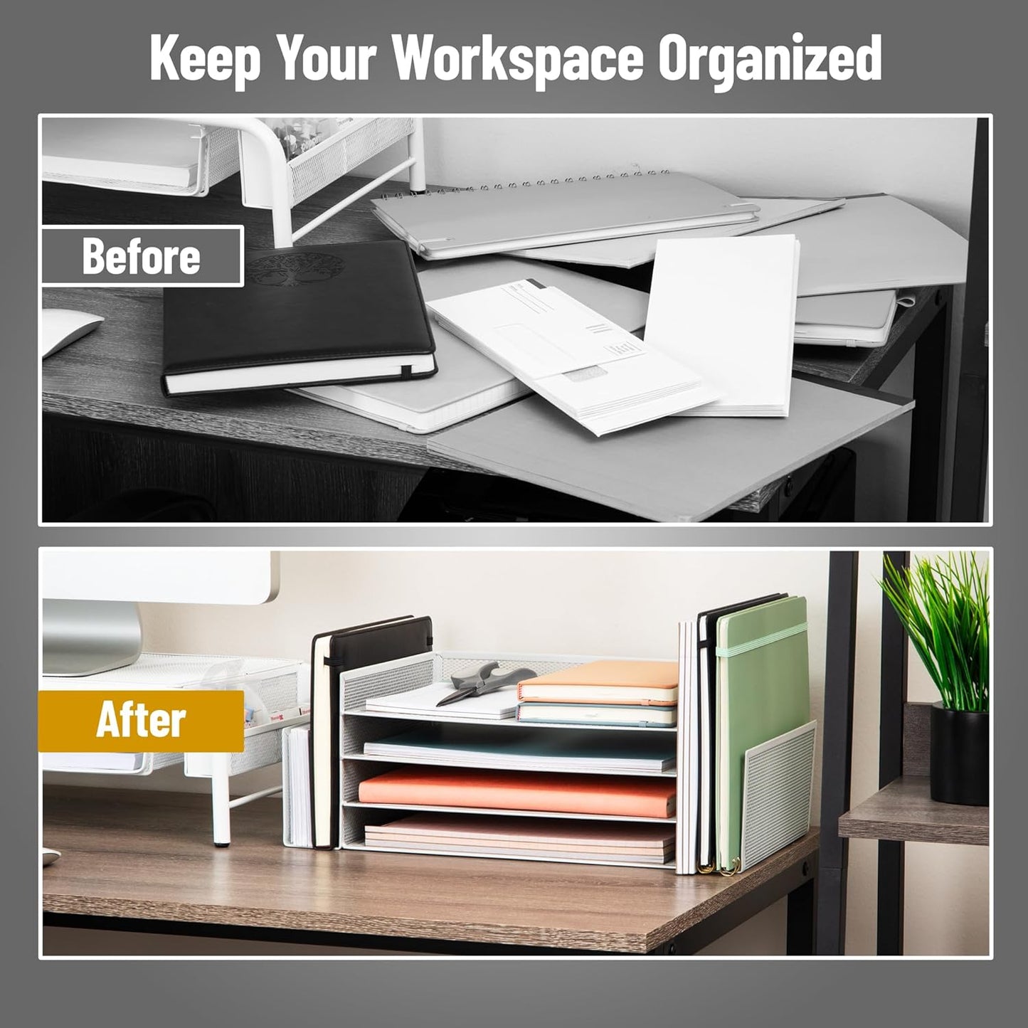 Mind Reader Desktop Organizer, File Storage, Paper Tray, Workspace, Office, Metal Mesh, 16.75" L x 9.15" W x 6" H, White