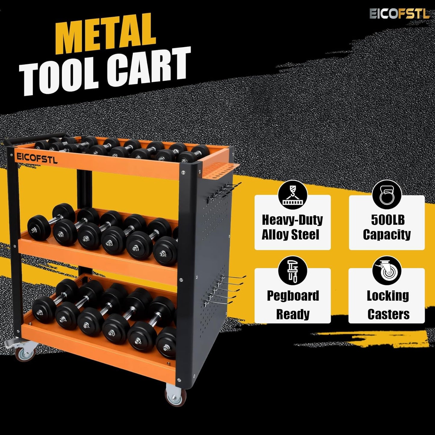 Stainless Steel Utility Cart with Pegboard & Screwdriver Holder, Heavy-Duty Alloy Steel 3-Tier Tool Cart, 500LB Capacity, 4 Wheels with 2 Locking Casters for Garage, Workshop, Home