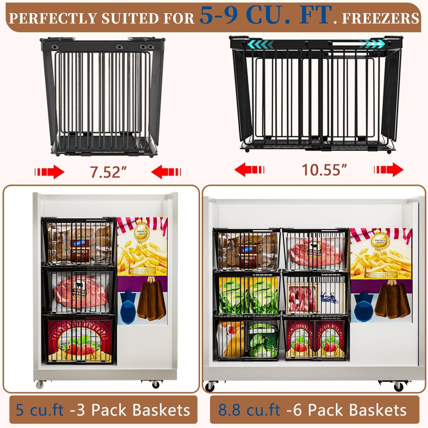 Large Freezer Organizer Bins，Upgraded Bottom Leak-Proof net，Fit 5 to 9 Cu Ft Chest Freezer，3 Pack， Expandable Stackable Chest Freezer Containers with Handle