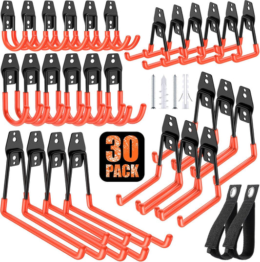 30 Pack Heavy Duty Garage Hooks,Solid Steel Wall Mount Hangers,with Anti-Slip Coating,for Hanging and Organising Ladder,Bike,Ropes,Broom,Garden,Yard and Power Tools