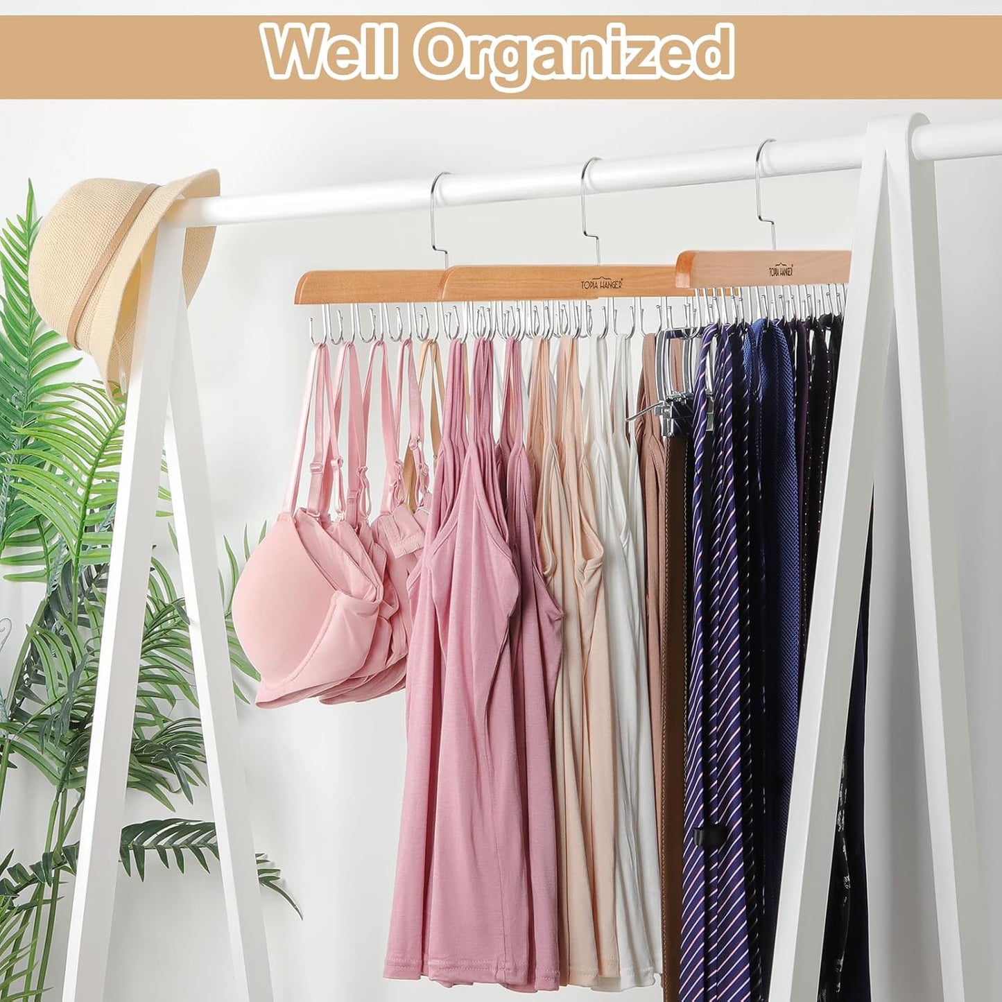 TOPIA HANGER Bra Hanger for Closet, 2 Pack Tank Top Hangers 40 Hooks Capacity Foldable Wood Space Saving Hangers Closet Organizer for Tank Top, Bra, Scarf, Belt, Tie, Hoodie etc - CT66N